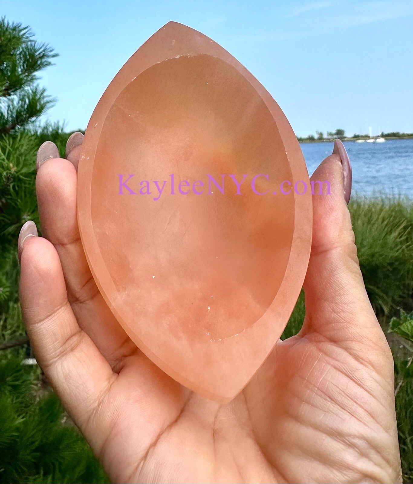 Wholesale 6 PCs Natural Peach Selenite Satin Spar Eye Shaped Bowls Crystal 10cm
