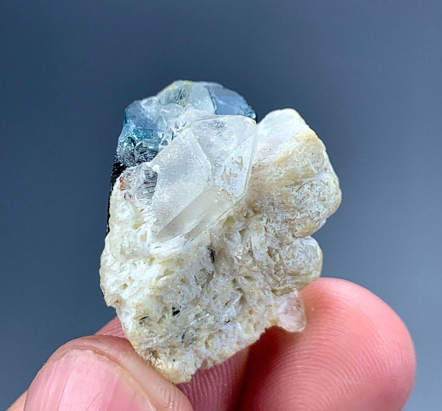 75 Carat Blue Cap Tourmaline Crystal With Quartz Specimen From Afghanistan