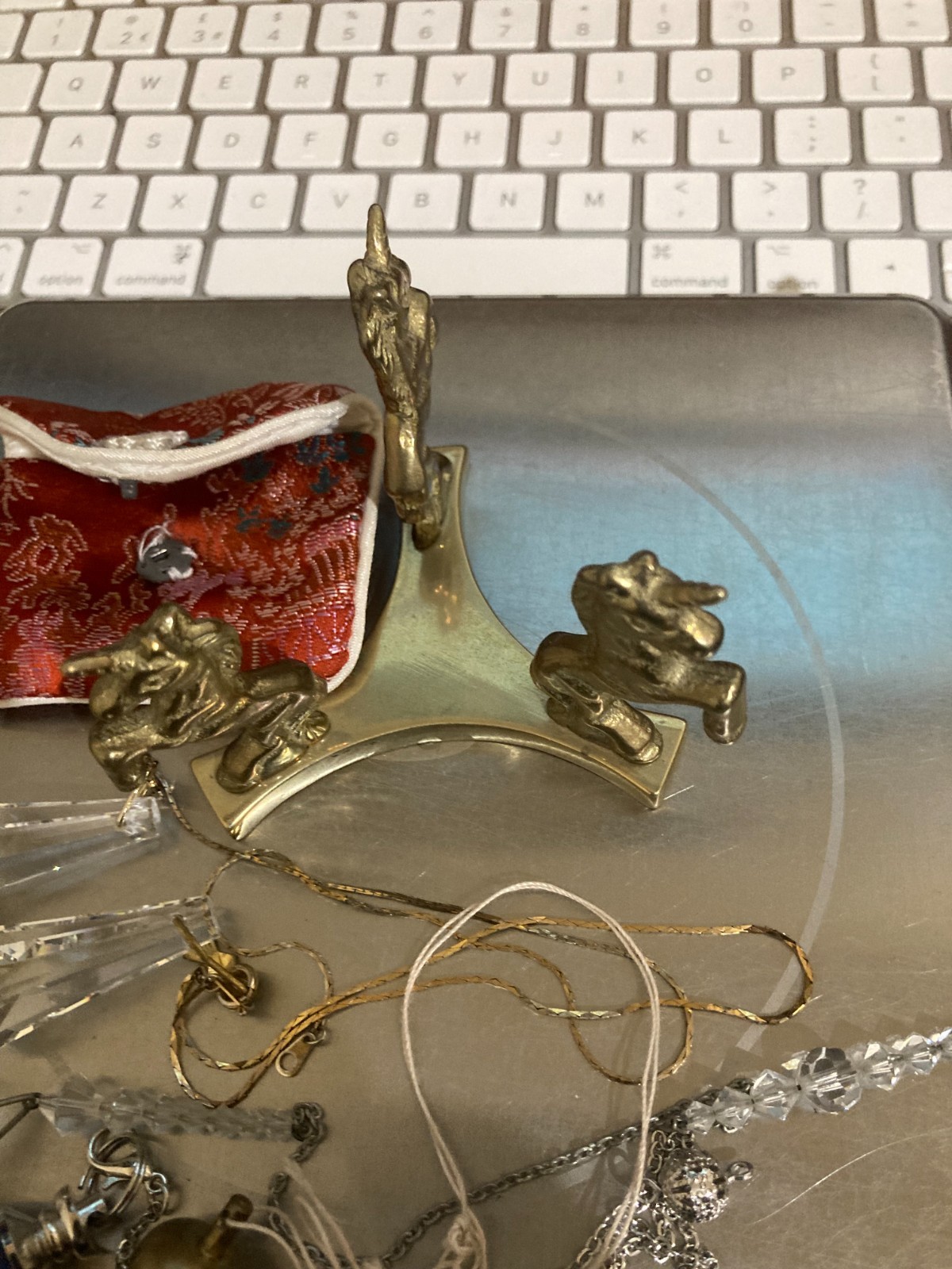 RARE LEAD HEAVY CRYSTAL BALL BRASS 3 INCH UNICORN STAND STRING PENDULUMS BAG