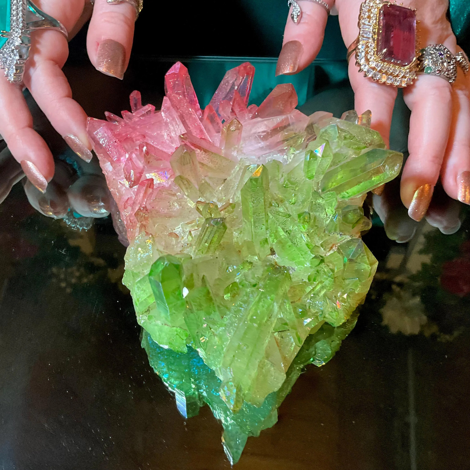 Pink & Green Aura Quartz Crystal Cluster ~ Large 1 Lb. 5 oz. ~ 6″ Long ~ Electr