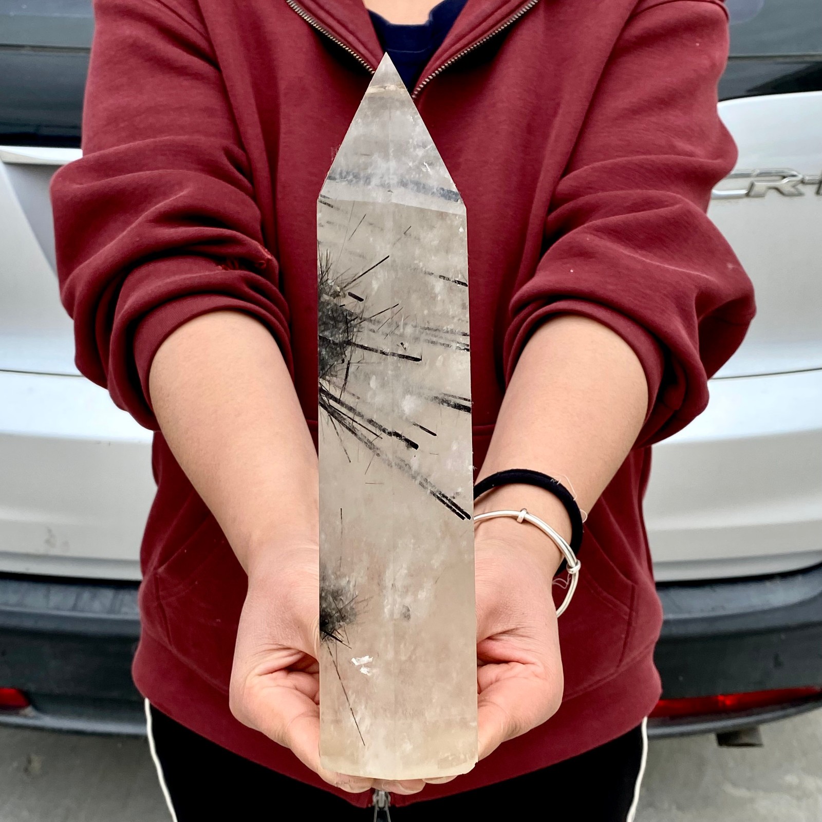 3.5LB Natural Black Hair Quartz Obelisk Crystal Energy Point Wand Reiki Decor