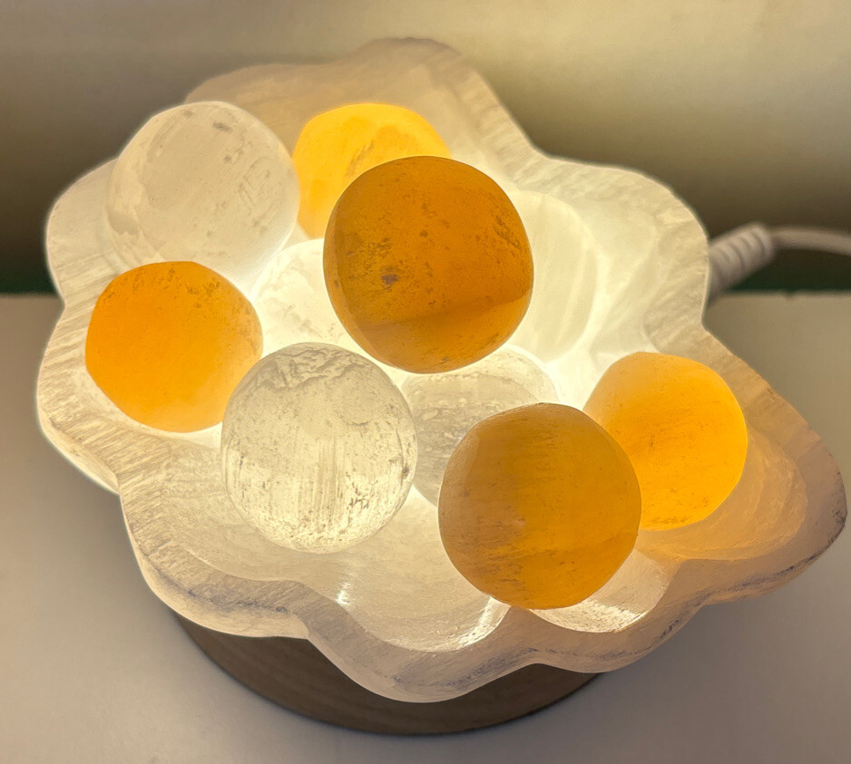Selenite seashell and pearl lamp