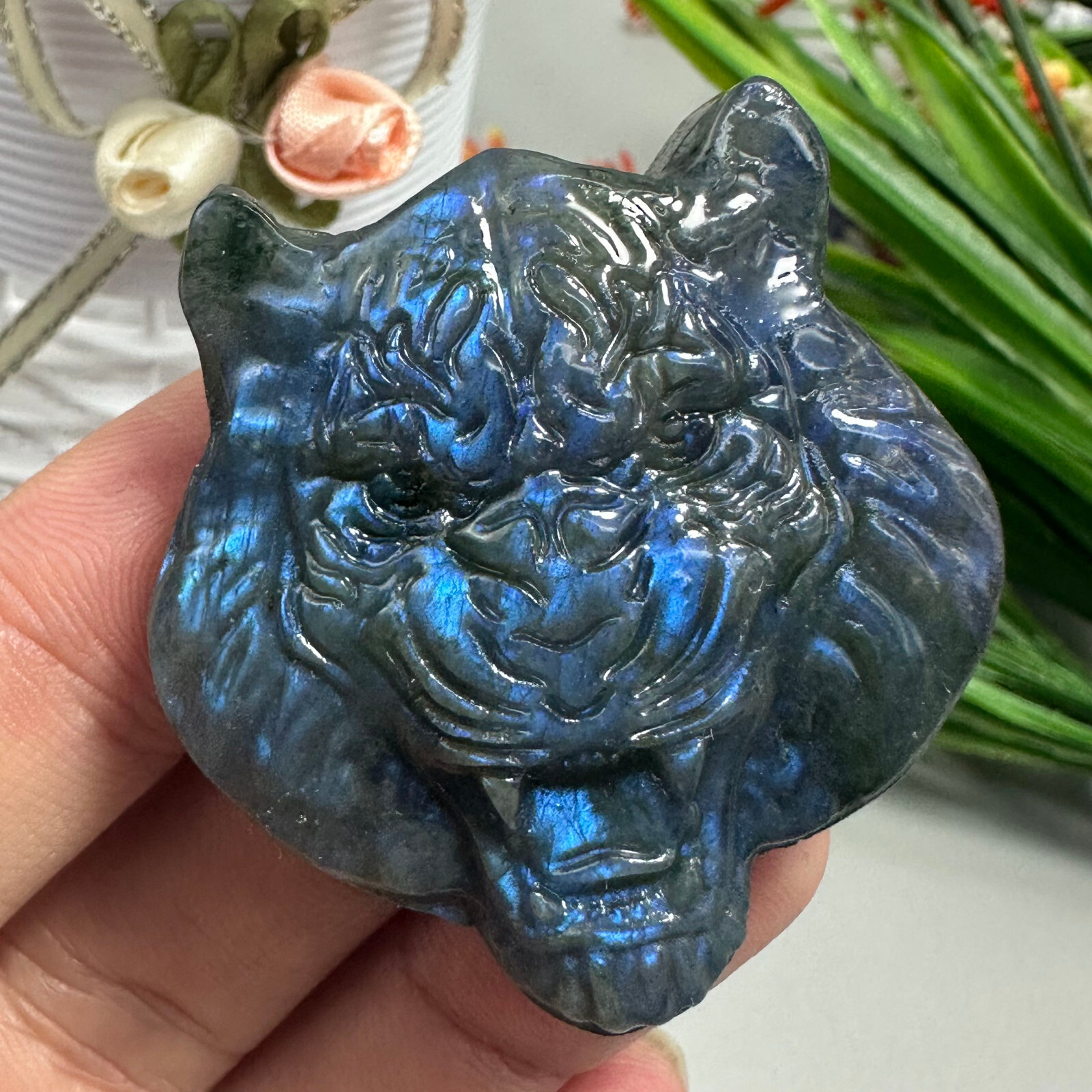 Natural Labradorite Carved Tiger Skull Quartz Skull Crystal Specimen Reiki Heal