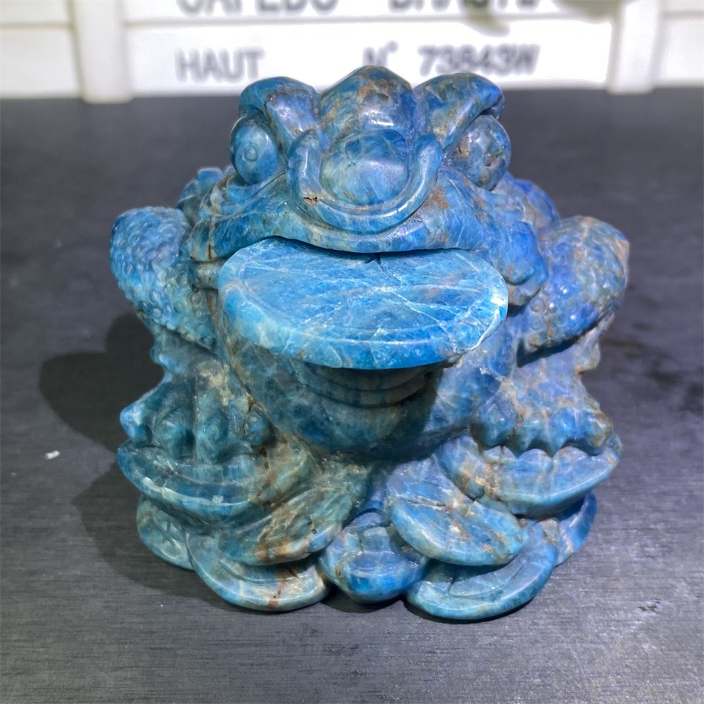 2.2LB 4″Natural A+Blue Apatite Golden Toad Statue Crystal Reiki Carving Decor