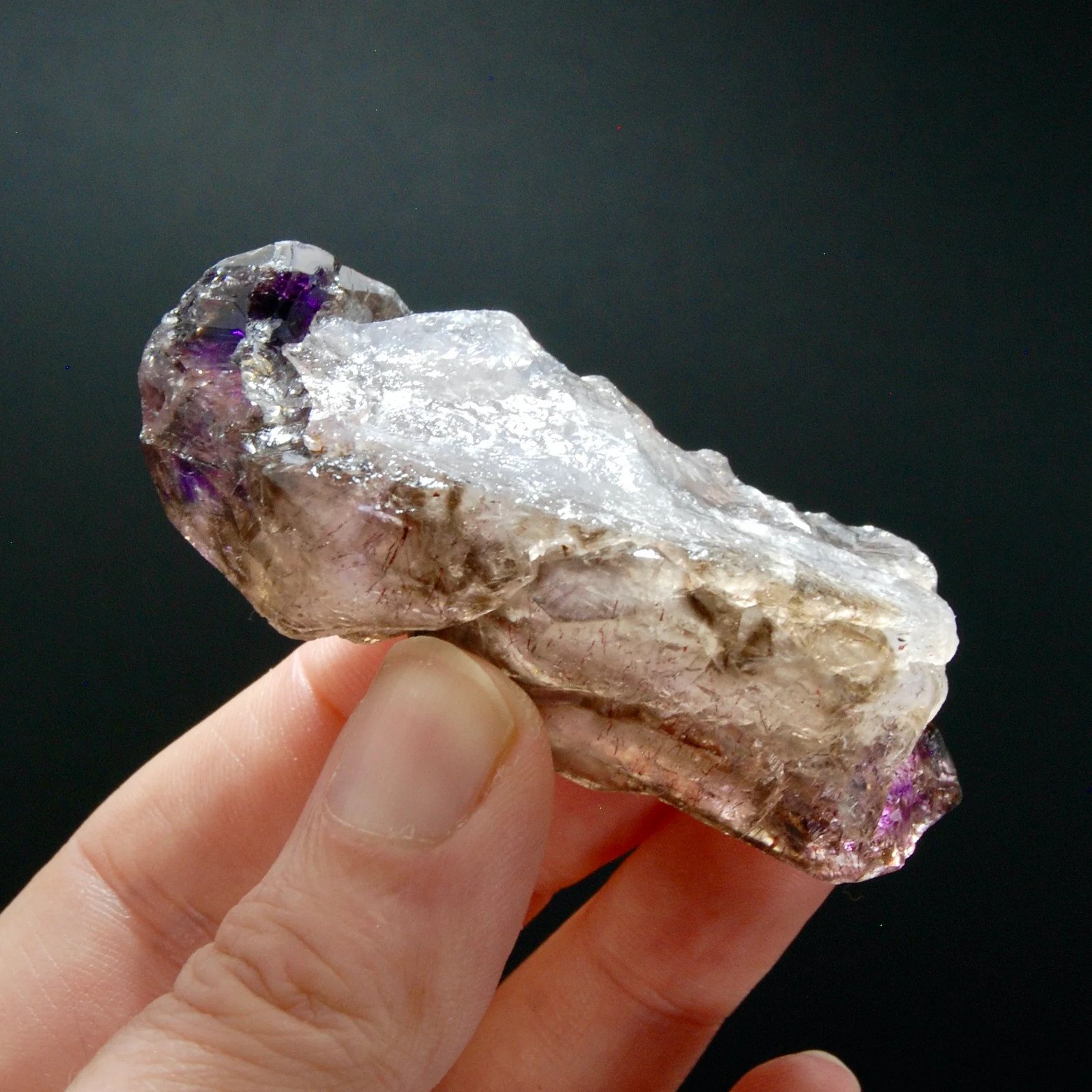 3in 75g ET DT Elestial Amethyst Quartz Crystal Scepter, Gemmy Smoky Chiredzi Ame