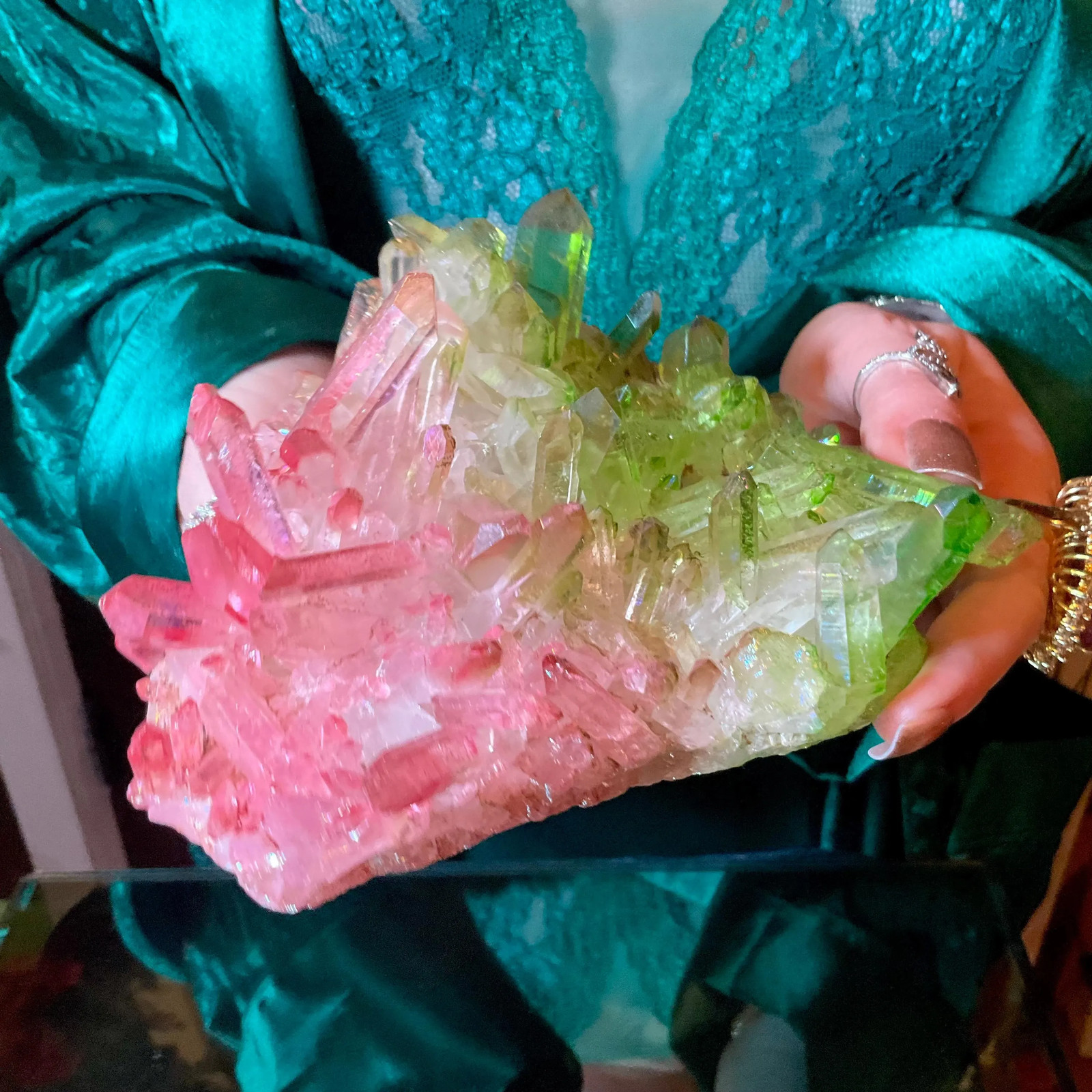 Pink & Green Aura Quartz Crystal Cluster ~ Large 1 Lb. 5 oz. ~ 6″ Long ~ Electr