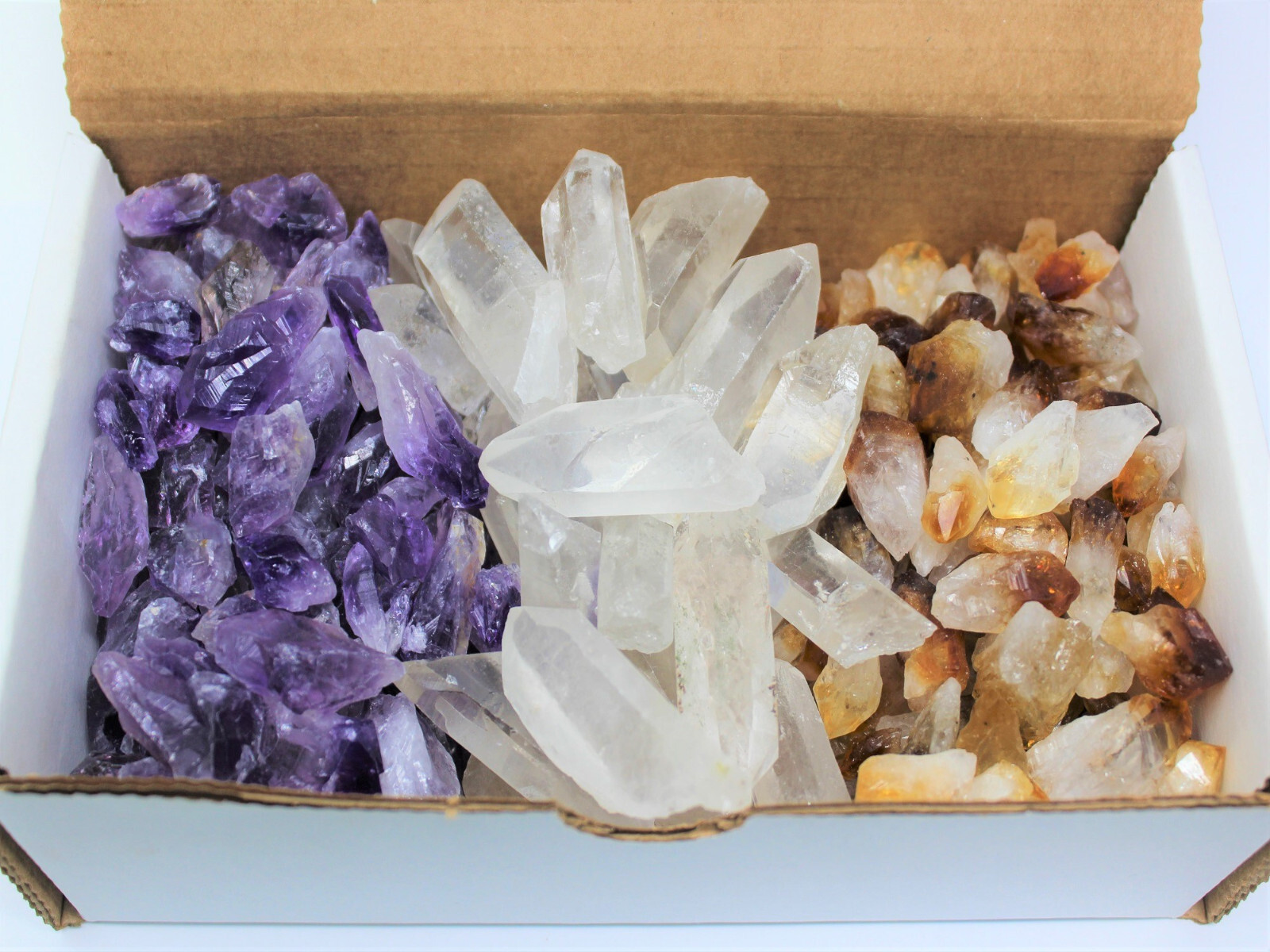 Amethyst, Citrine, Quartz Points Crystal Collection in Box 1/2 lb Bulk Mixed Lot