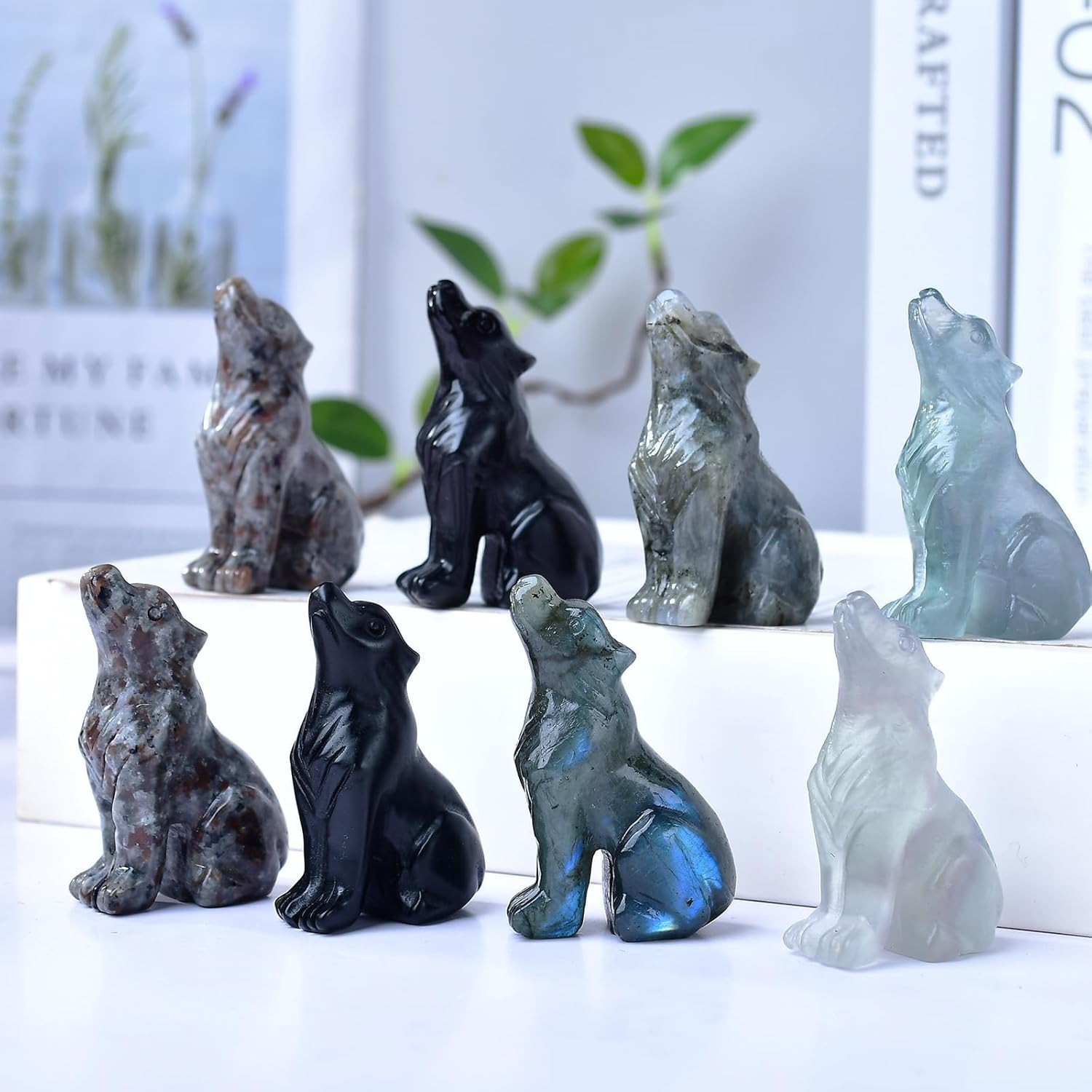2.1 Inch Labradorite Wolf Crystal Statue, Wolf Totem Figurines Stone Energy G…