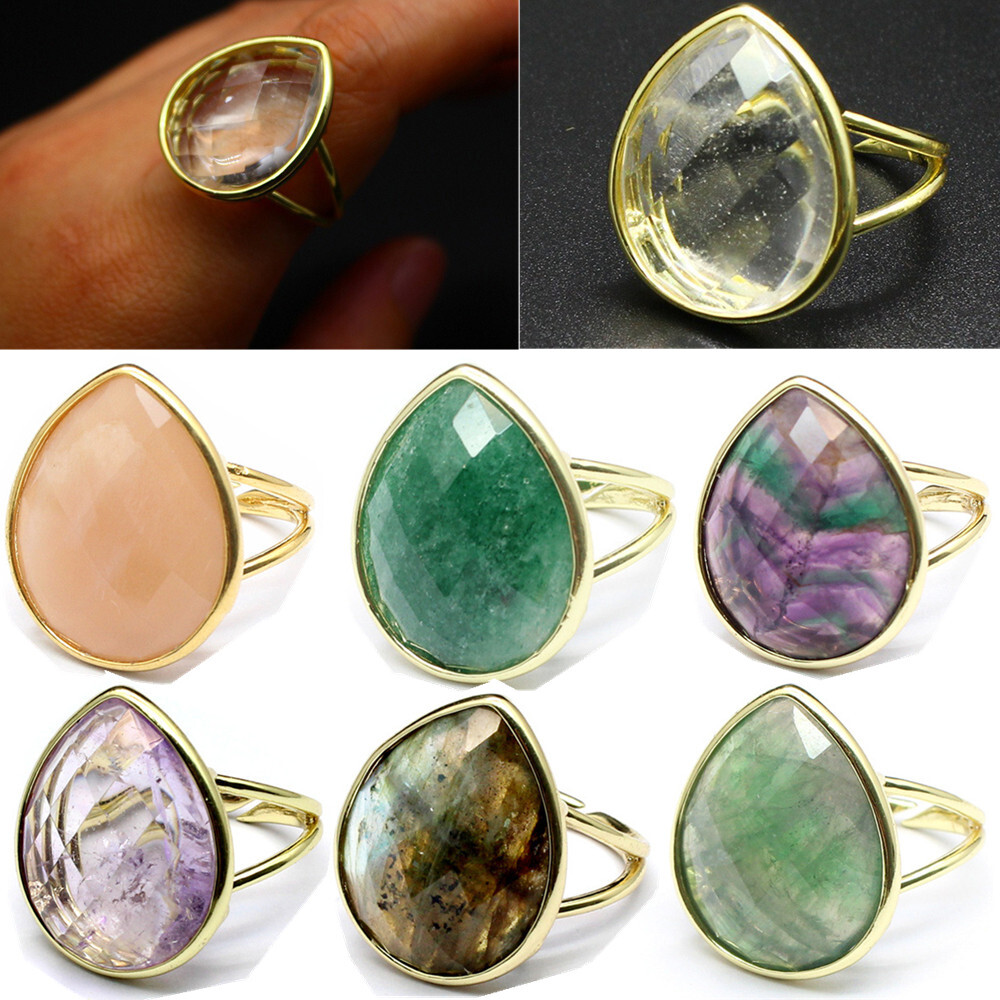 1pc Teardrop Chakra Faceted Crystal Ring Gemstone Water Drop Quartz Jewerly Gift
