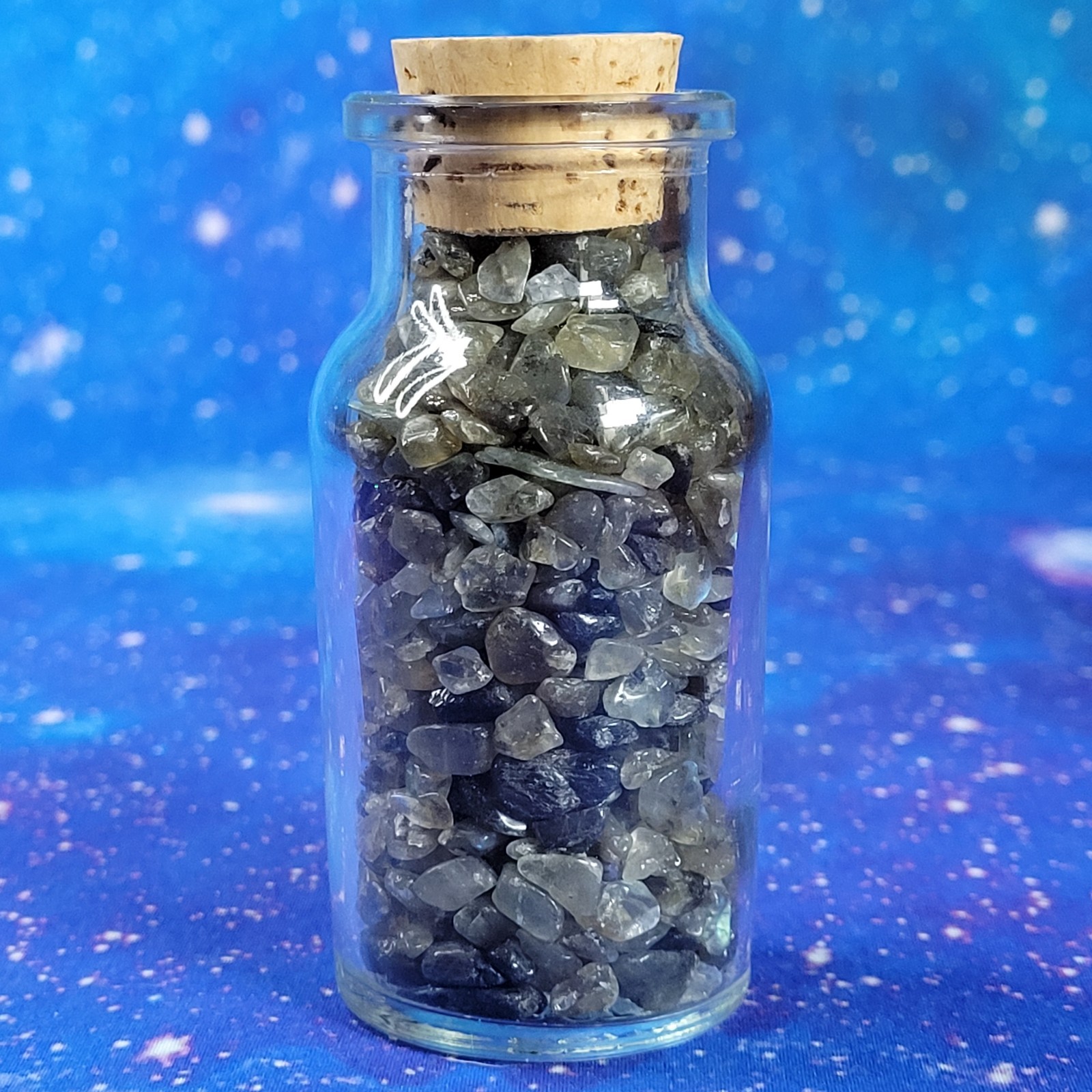 4 oz Labradorite Crystal Tumbled Chips in Vintage Glass Apothecary Jar Witchy