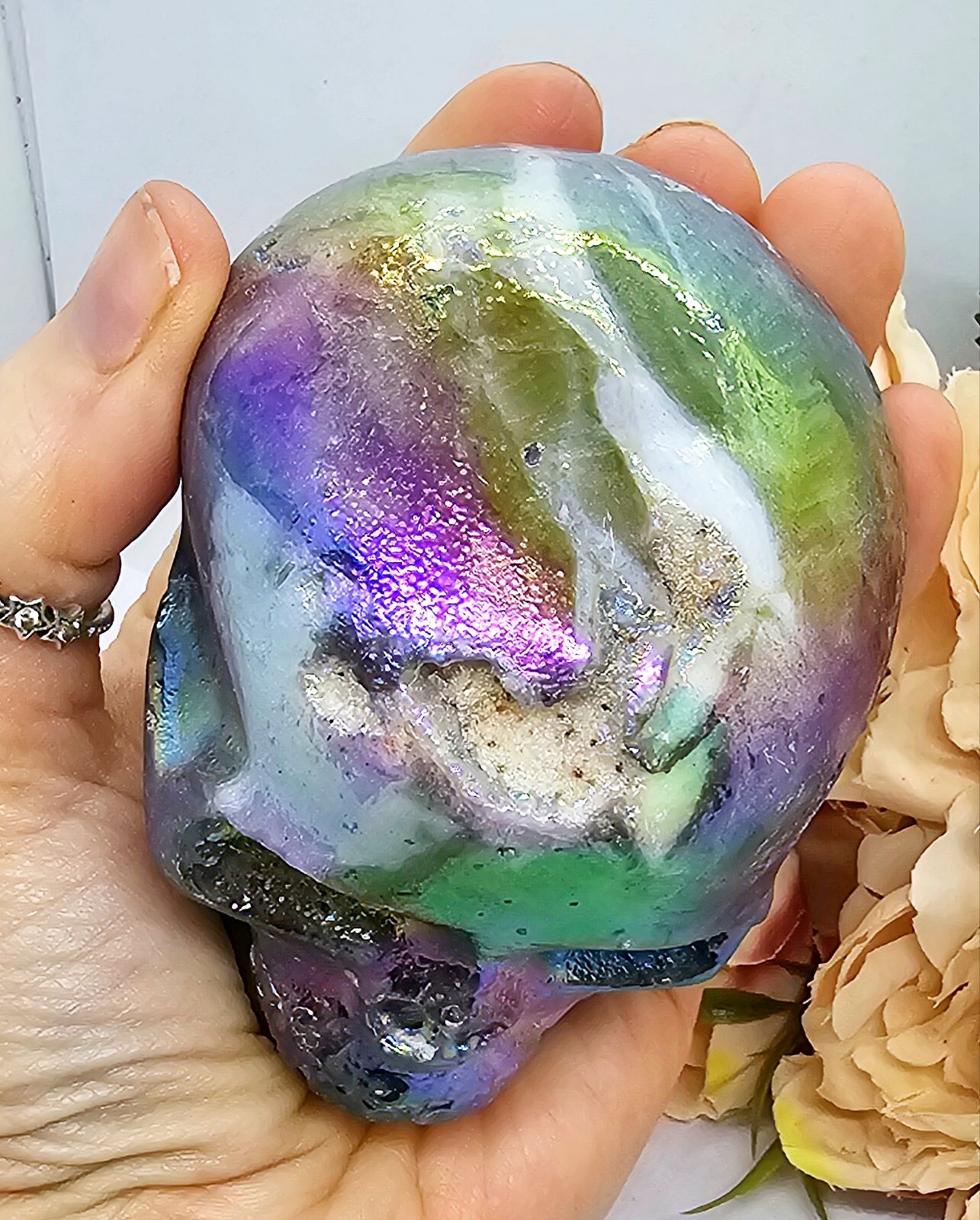*SALE* Druzy Titanium Rainbow Aura sphalerite crystal Skull Angel Aura 480g 7cm