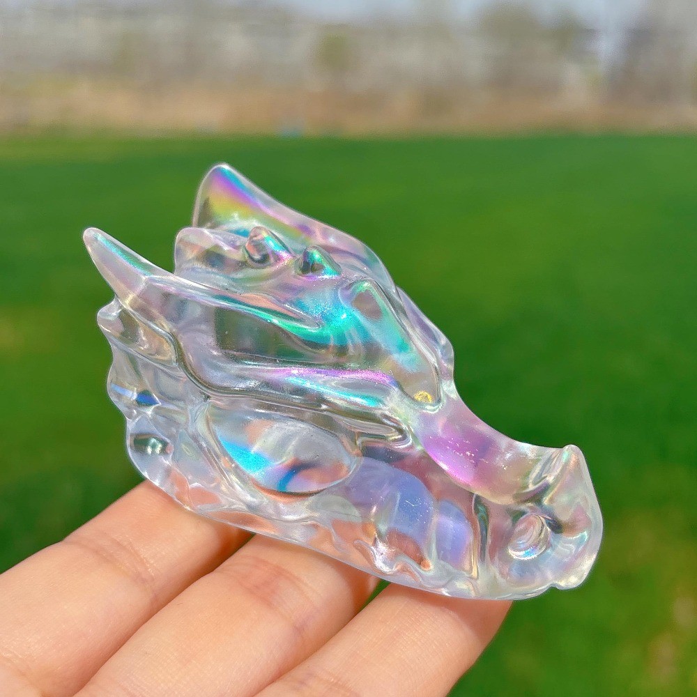 Rainbow Titanium White Melting Dragon Skull Crystal Carving Healing Decor Gift
