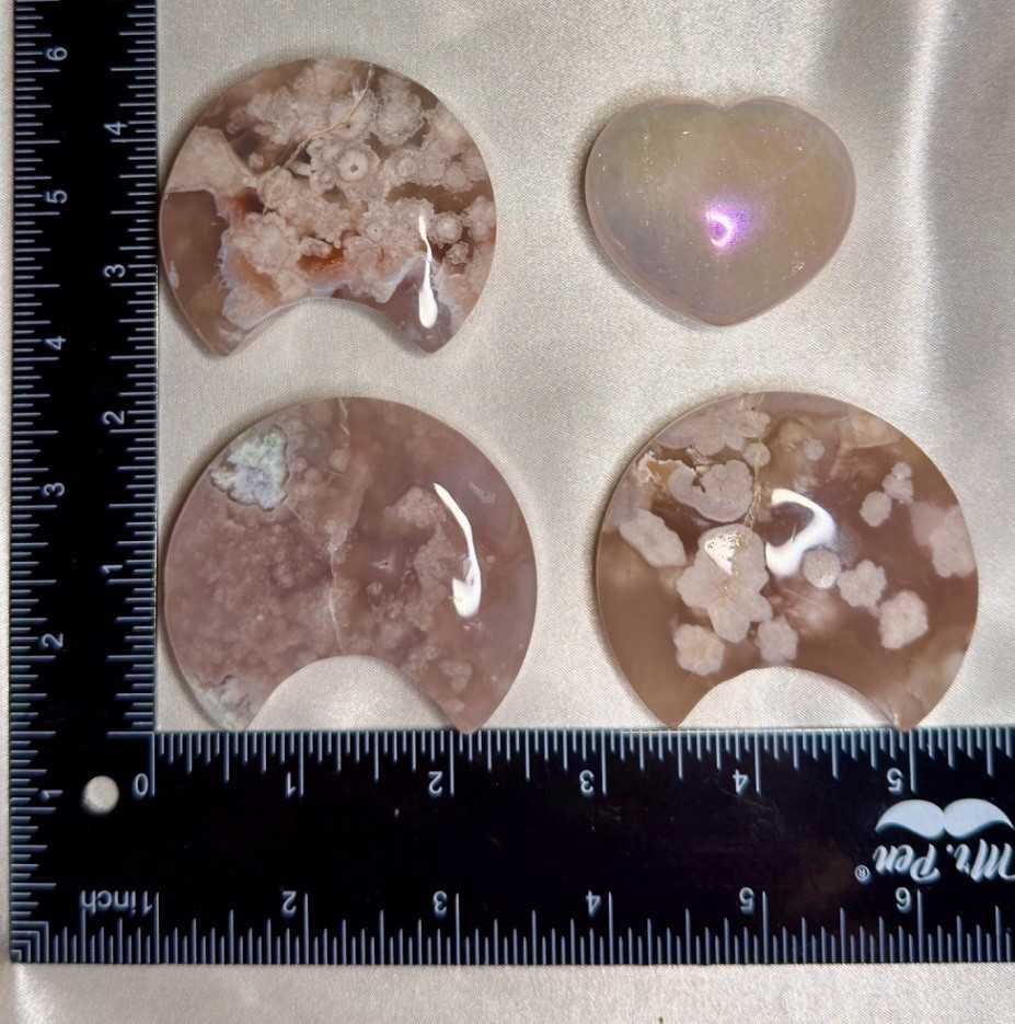 Pink Flower Agate Crescent Moon Set Aura Rose Quartz Heart Crystal Bundle 4pc