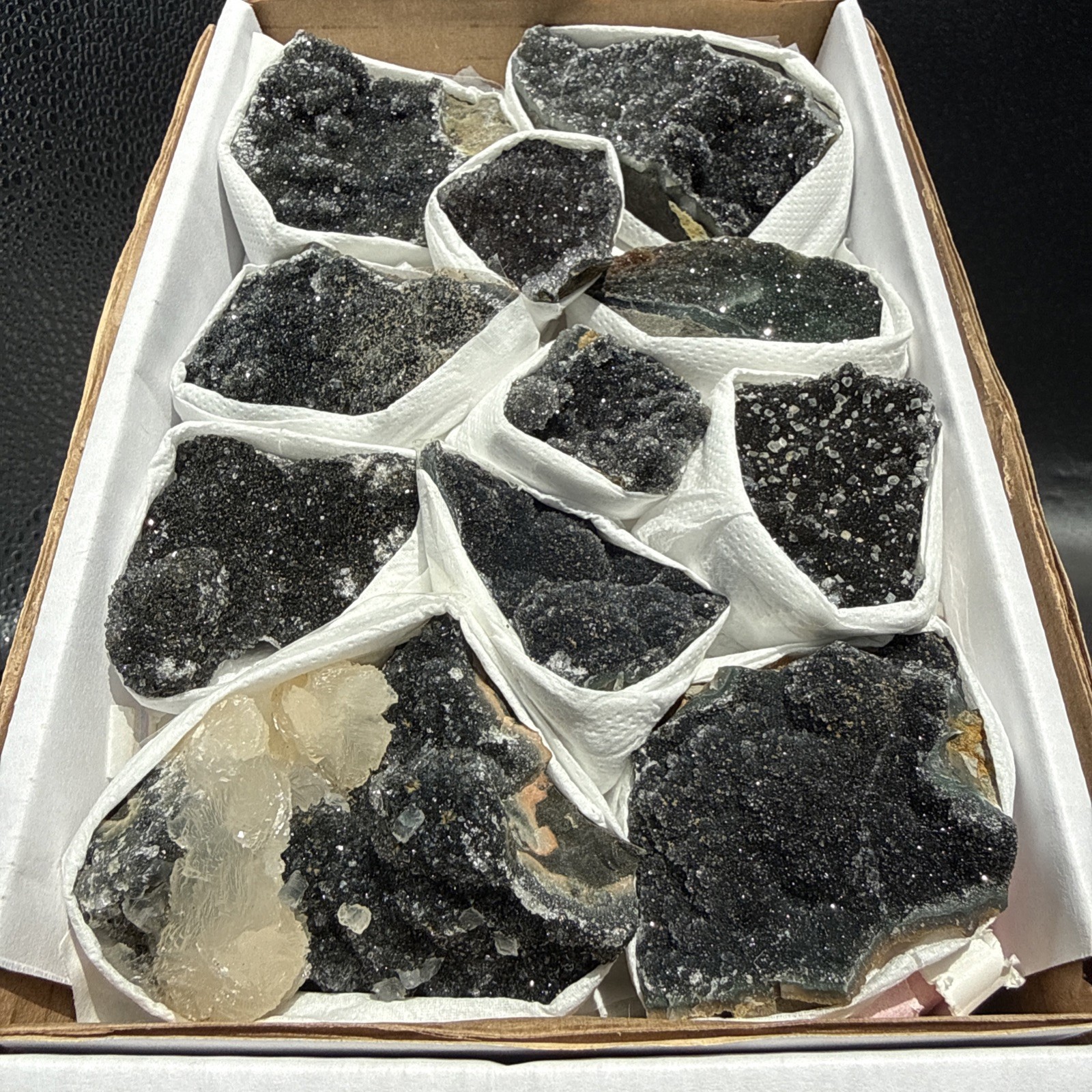 Natural Black Amethyst Zeolite With Calcite Flat! Whole Box! Crystals! Specimen!