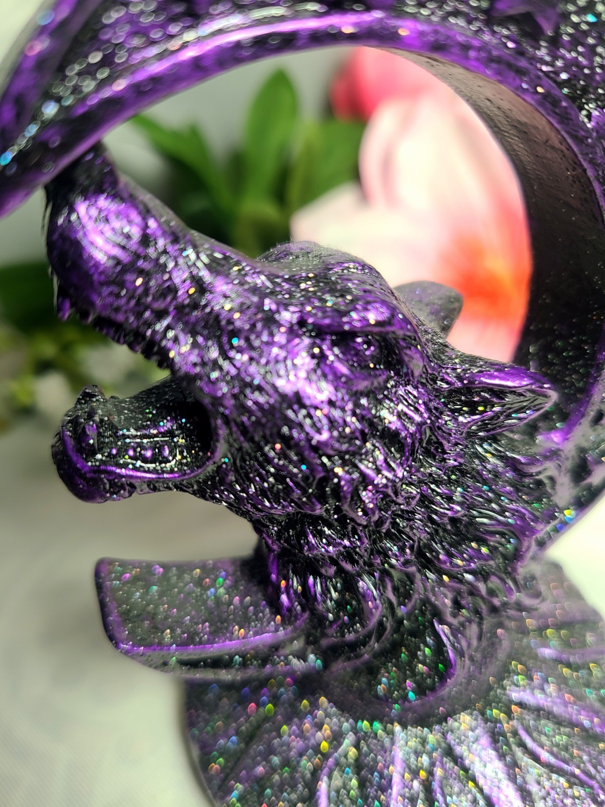 Sparkling Purple Wolf Crescent Moon Stars Resin Sphere Stand Crystal Ball Holder