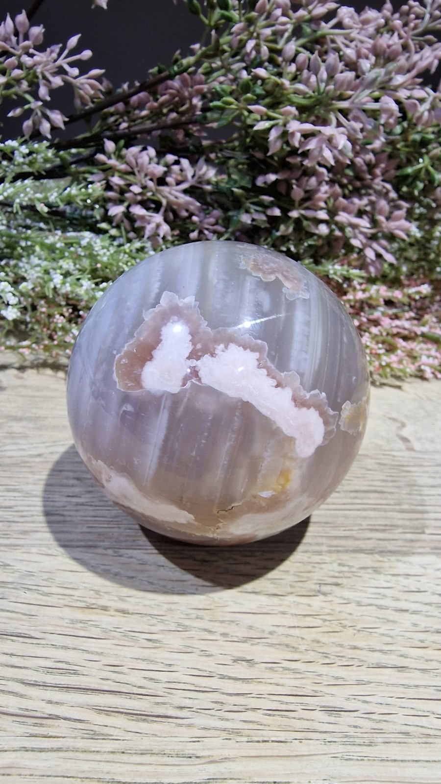 Flower Agate Crystal Sphere 537g 73mm UV Reactive Free Stand