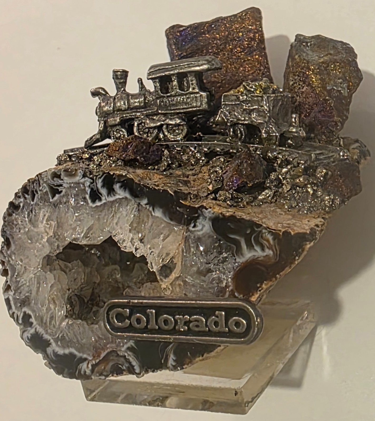 Vintage Nice Geode Rock with Locomotive Train Set on Top, Colorado, Railroad