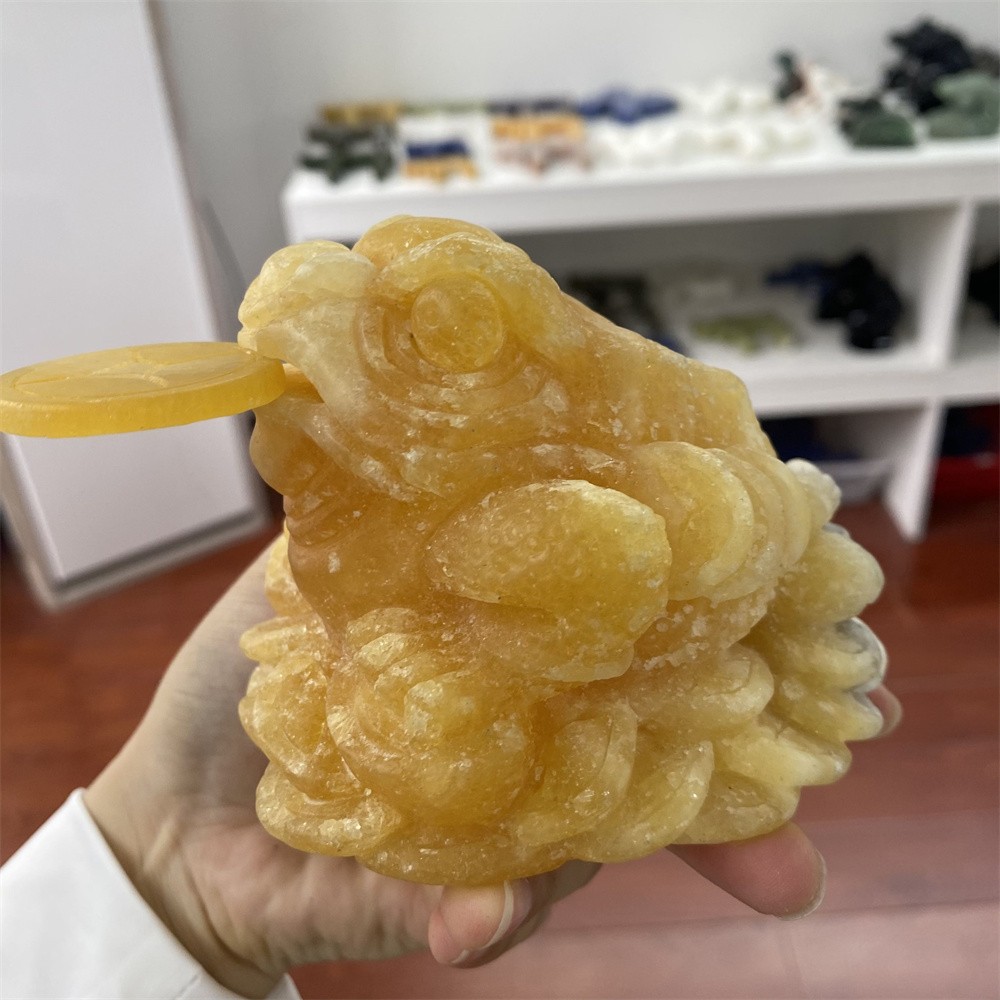 1.9LB 3.9″ Natural Calcite Golden Toad Statue Crystal Reiki Carving Quartz Decor