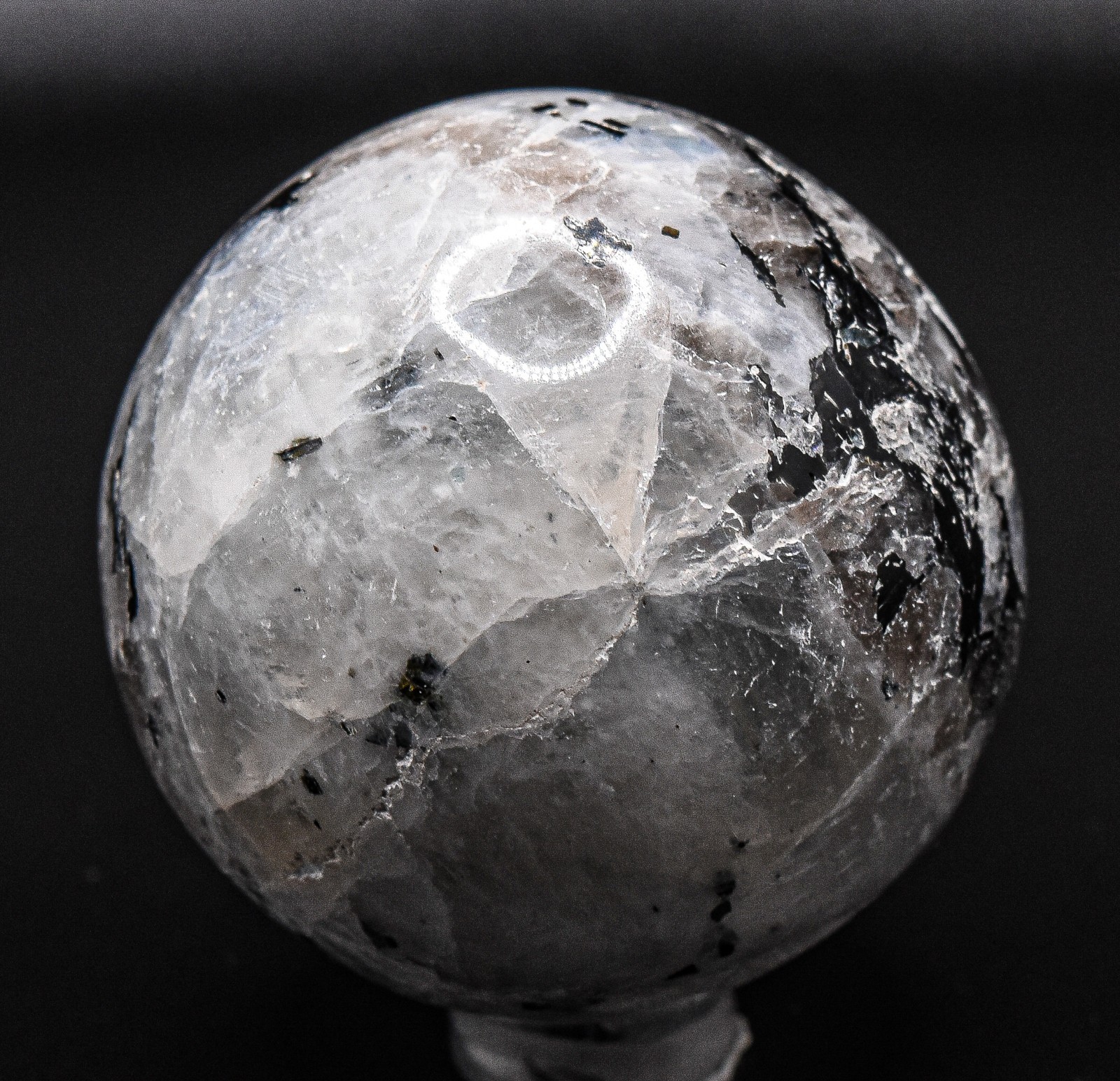 48mm Rainbow Moonstone w/ Quartz & Tourmaline Crystal Mineral Sphere Ball India