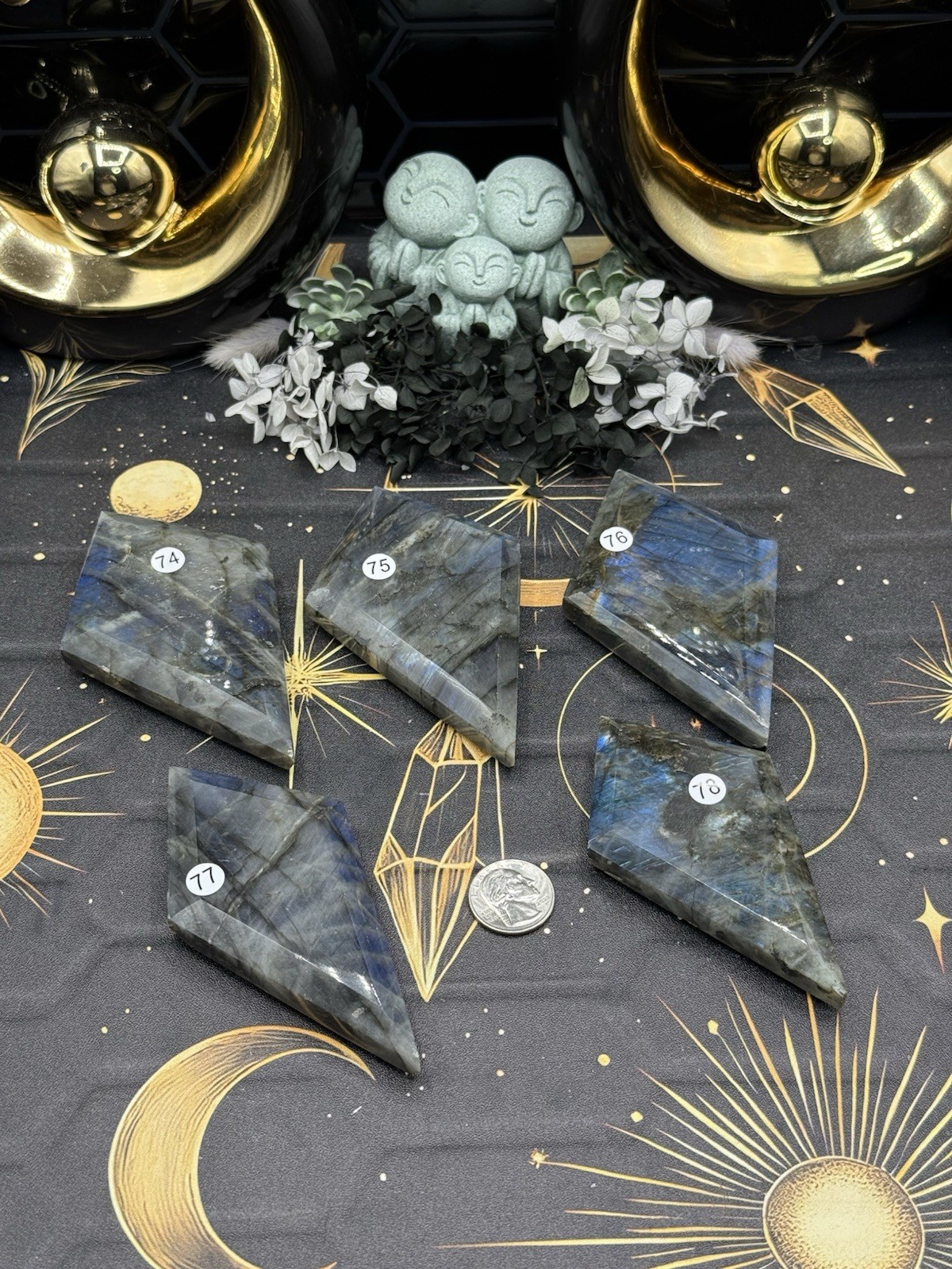 Natural Labradorite Rhombus diamond Blue & Gold flash Free ship & Gift