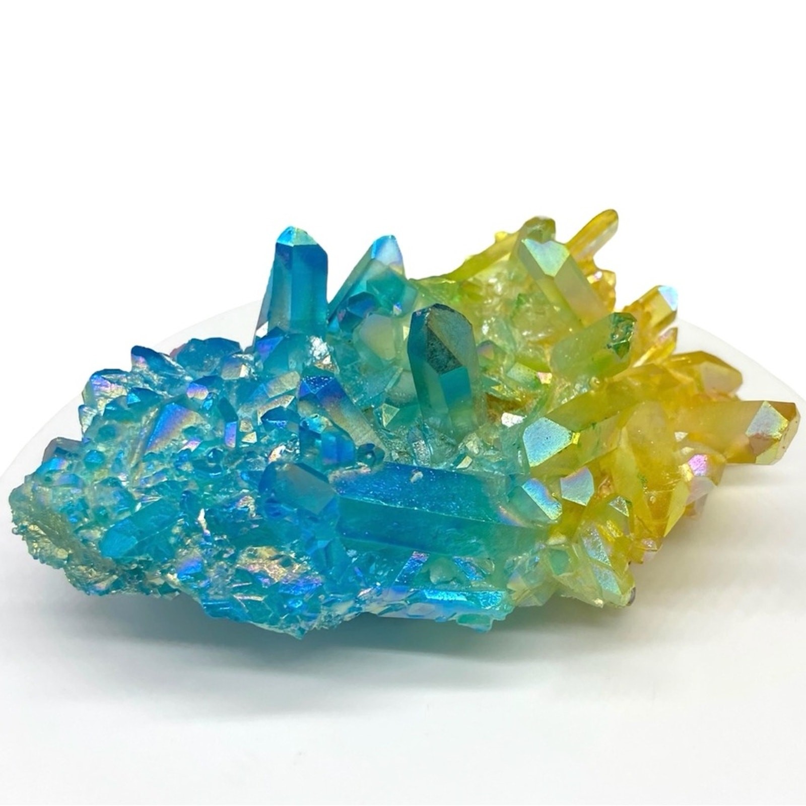 Aura Quartz Crystal Cluster Yellow Blue Clear Iridescent Stone Display Gift