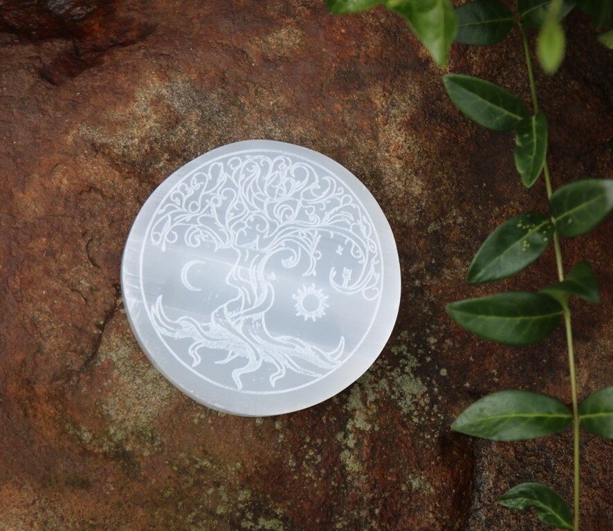 Selenite Energy Round Charging Plate Dish Tree Moon and Sun Crystal