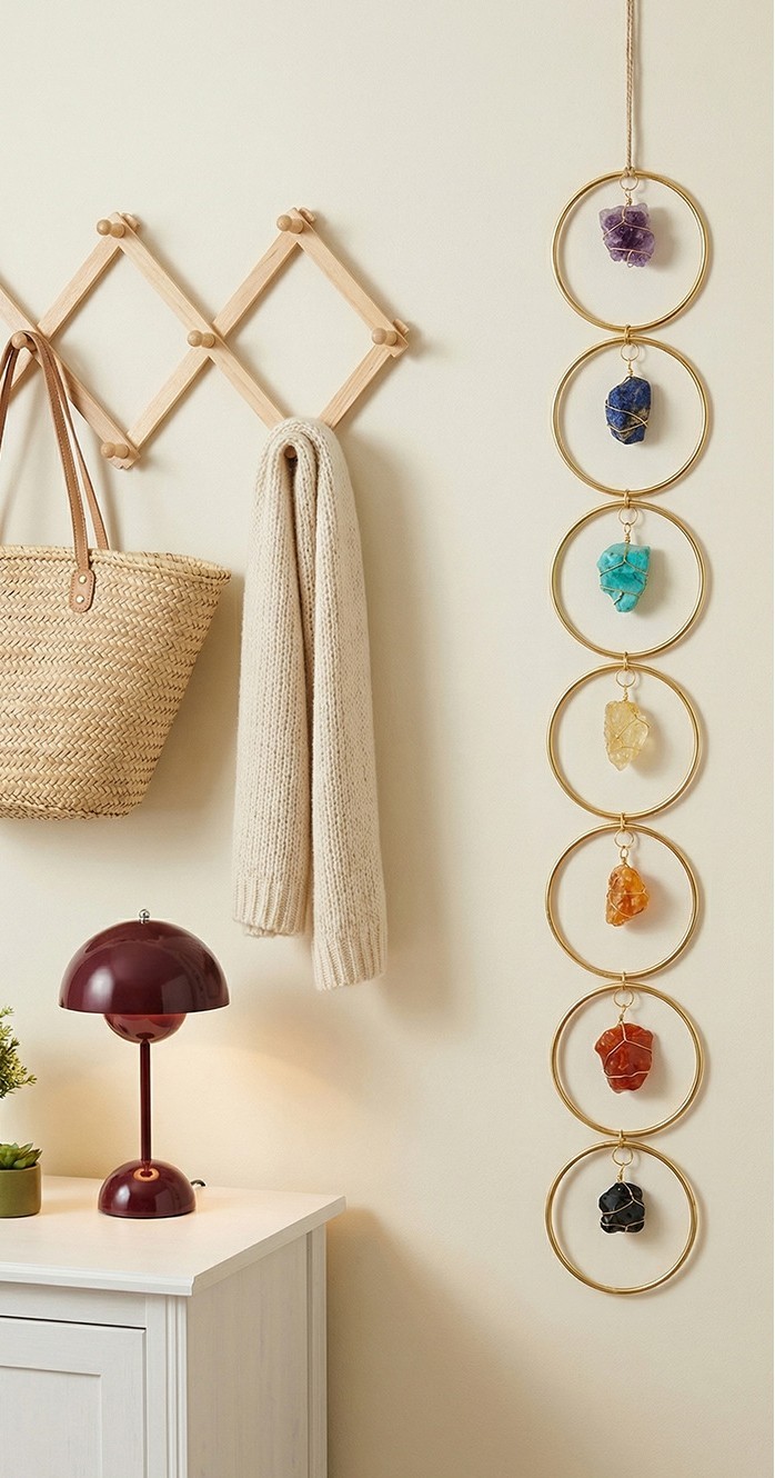 Natural Rainbow Raw Crystal Agate Wall Hanging Gold Silver Hoop Yoga Stone Decor