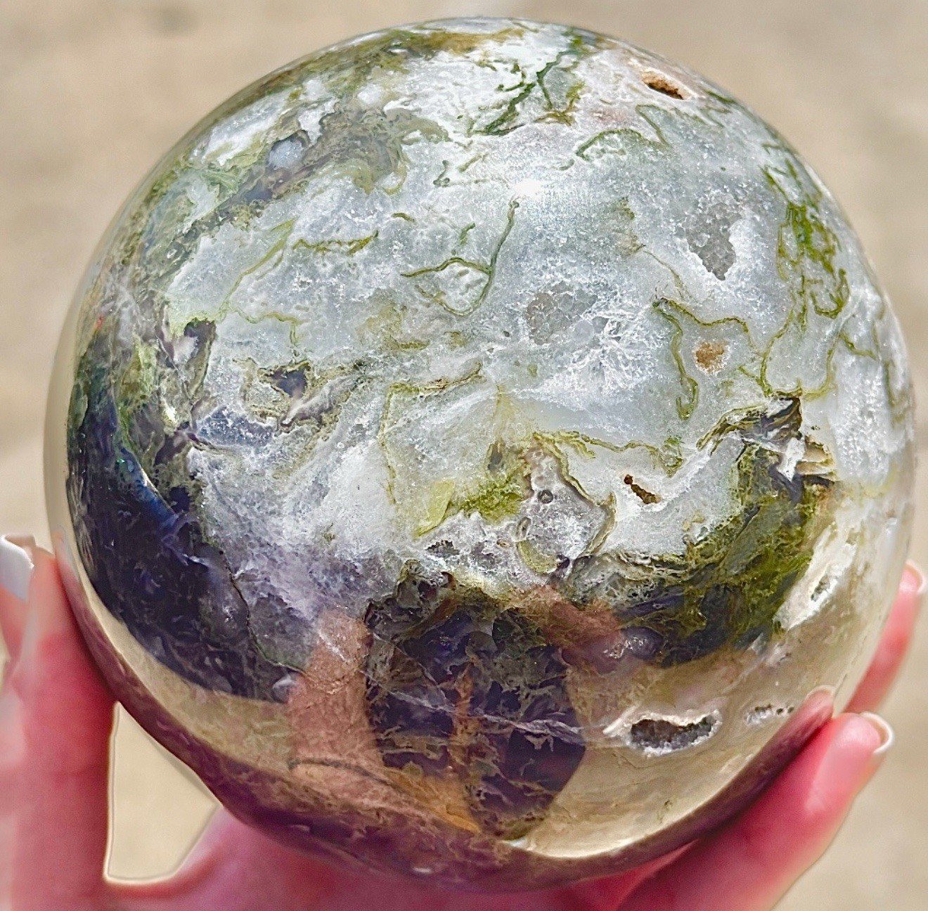 XLarge Moss Agate Sphere 4.5 lb 4” Crystal Ball Druzy Quartz Natural Green