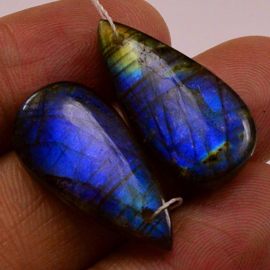 23Cts Natural Labradorite Gemstone Cabochon Front Drill Earrings 21x10mm #P3169