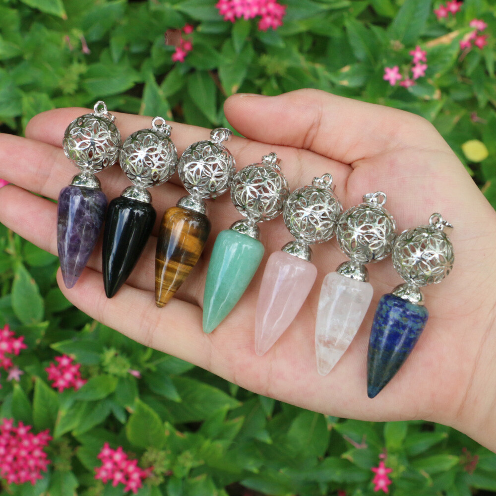 1pc Bullet Cone Crystal Chakra Chain Pendulum Quartz Stone Metal Dowsing Pendant