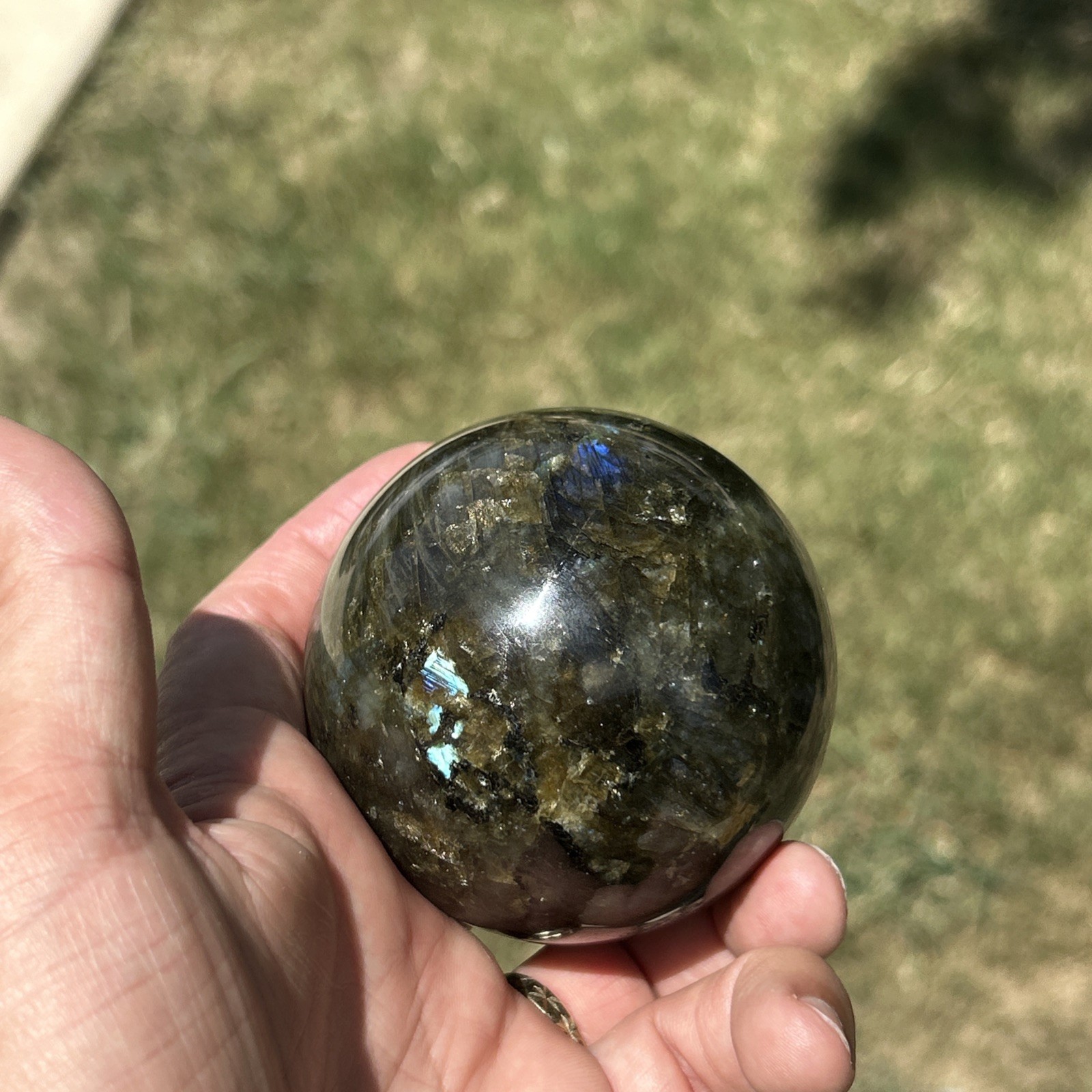 Large 75mm 644g Natural Labradorite Crystal Sphere Blue Flash w/ Stand