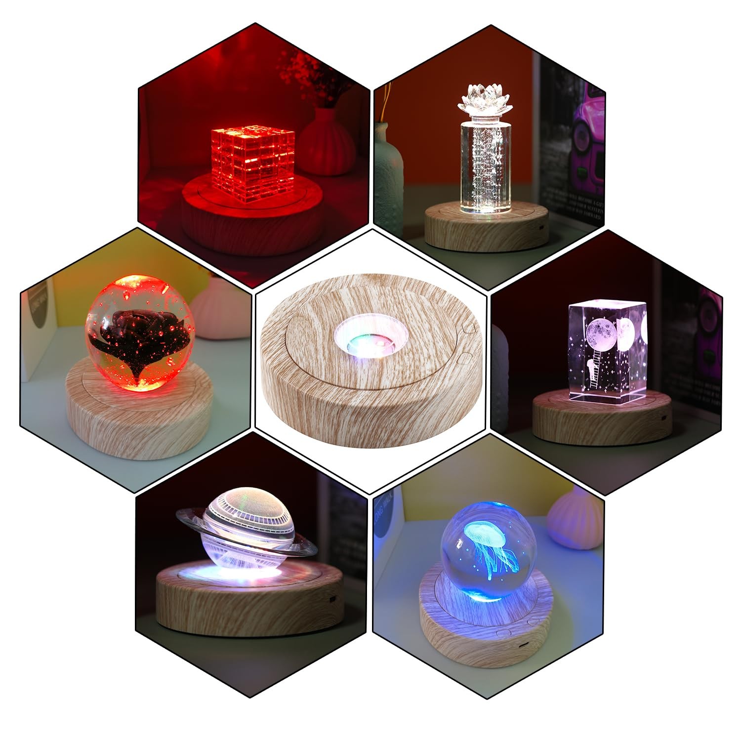 Rotating Base – Positive and Negative Rotation Display with 7 Lights Wood Gra…