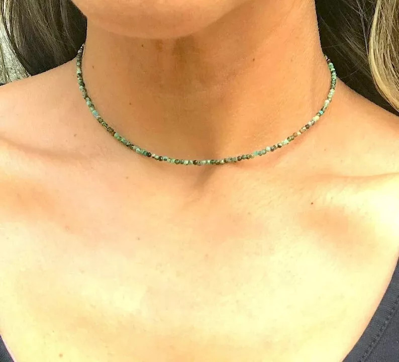 African Turquoise 2mm Beaded Choker Healing Dainty Delicate Women Necklace Gift