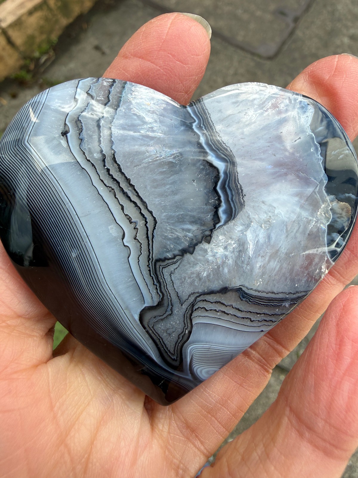 Black and clear banded Botwana Agate Natural Crystal Heart Polished Success 83g