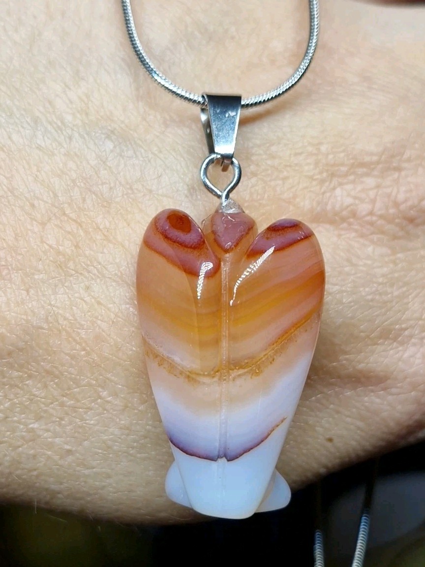 Carnelian Agate Crystal 3.5cm Angel Pendant On Stainless Steel Snake Chain
