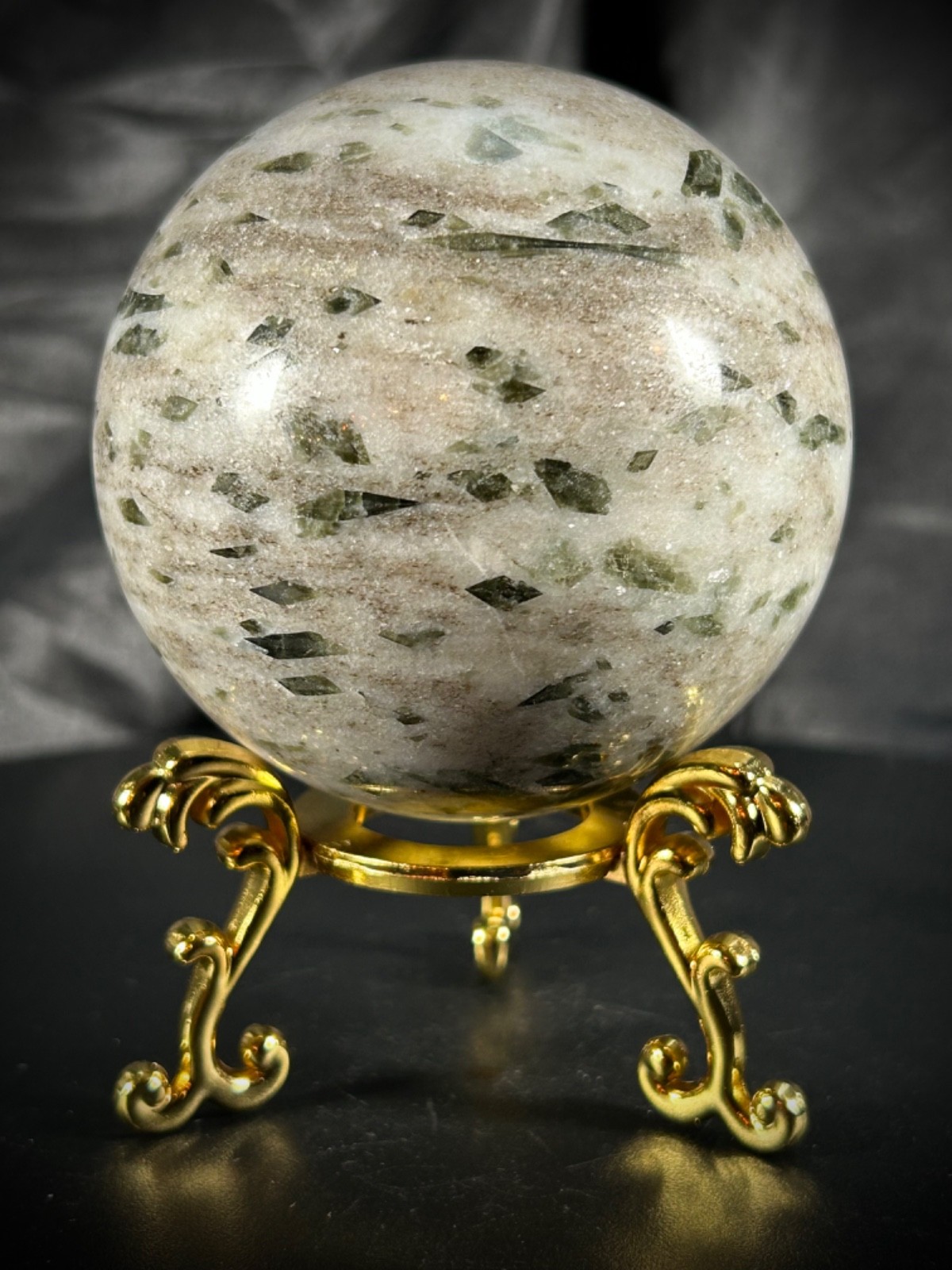 3″ Green Tourmaline In Quartz Sphere With Metal Stand 1lb 7.4oz (662 grams)