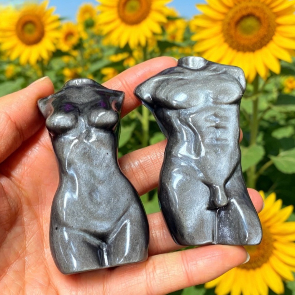 Natural Silver Obsidian Male & Female Pair Body Torso Human Model Crystal 2pcs