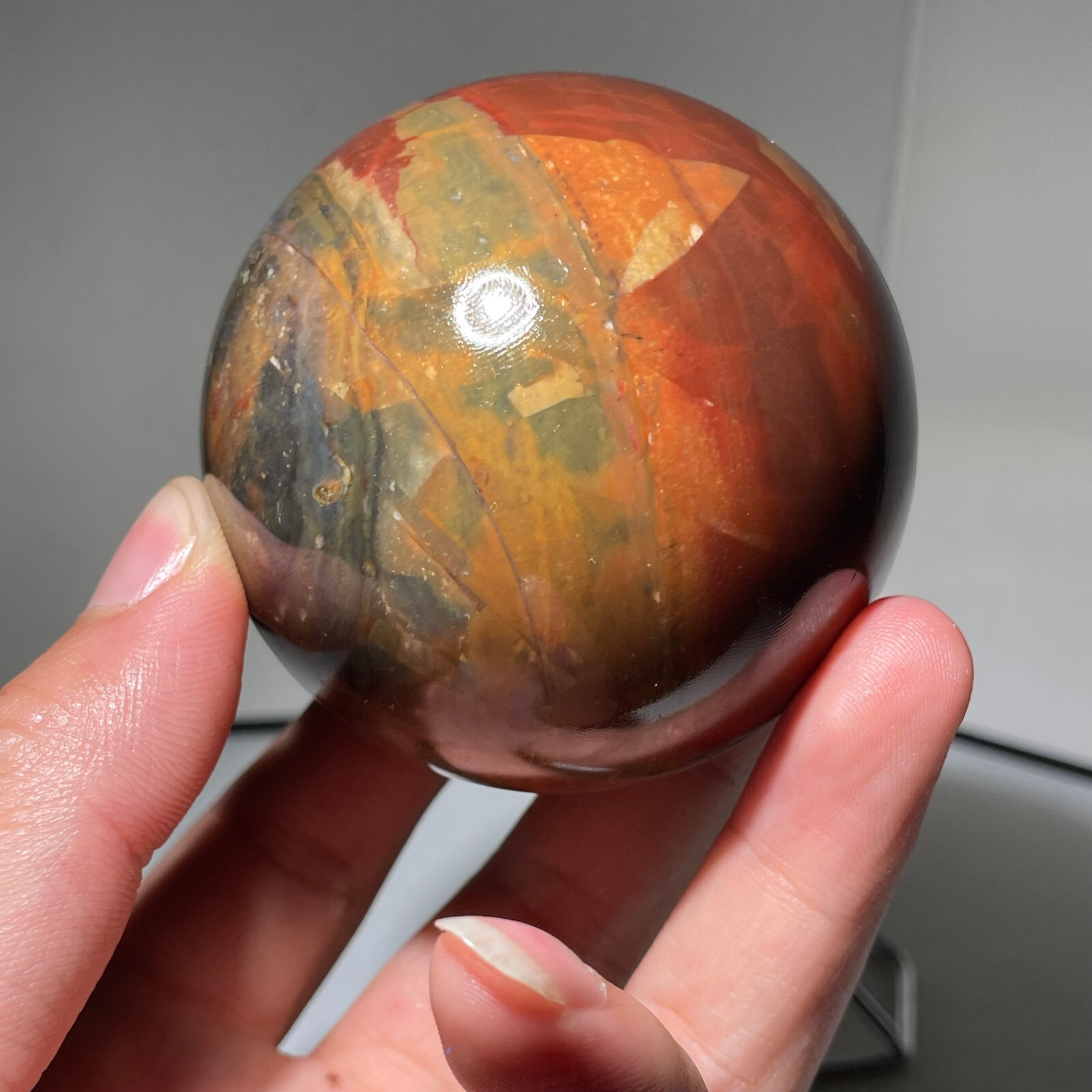 Rare 449g Polished Orbicular Ocean crystal Jasper Sphere Reiki Healing + Stand