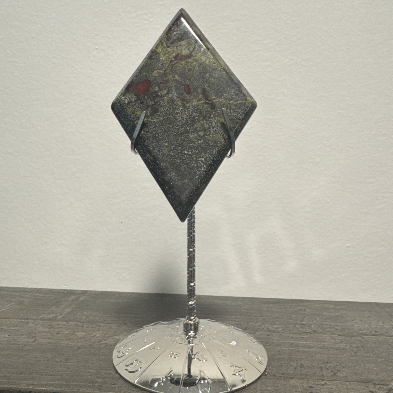 Dragons Blood Crystal Diamond Shape On Metal Stand 112 Grams 3.5”