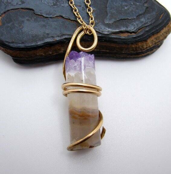 Brazilian Grape Amethyst, Citrine, Clear Quartz Pendant in Merlin’s Gold #13