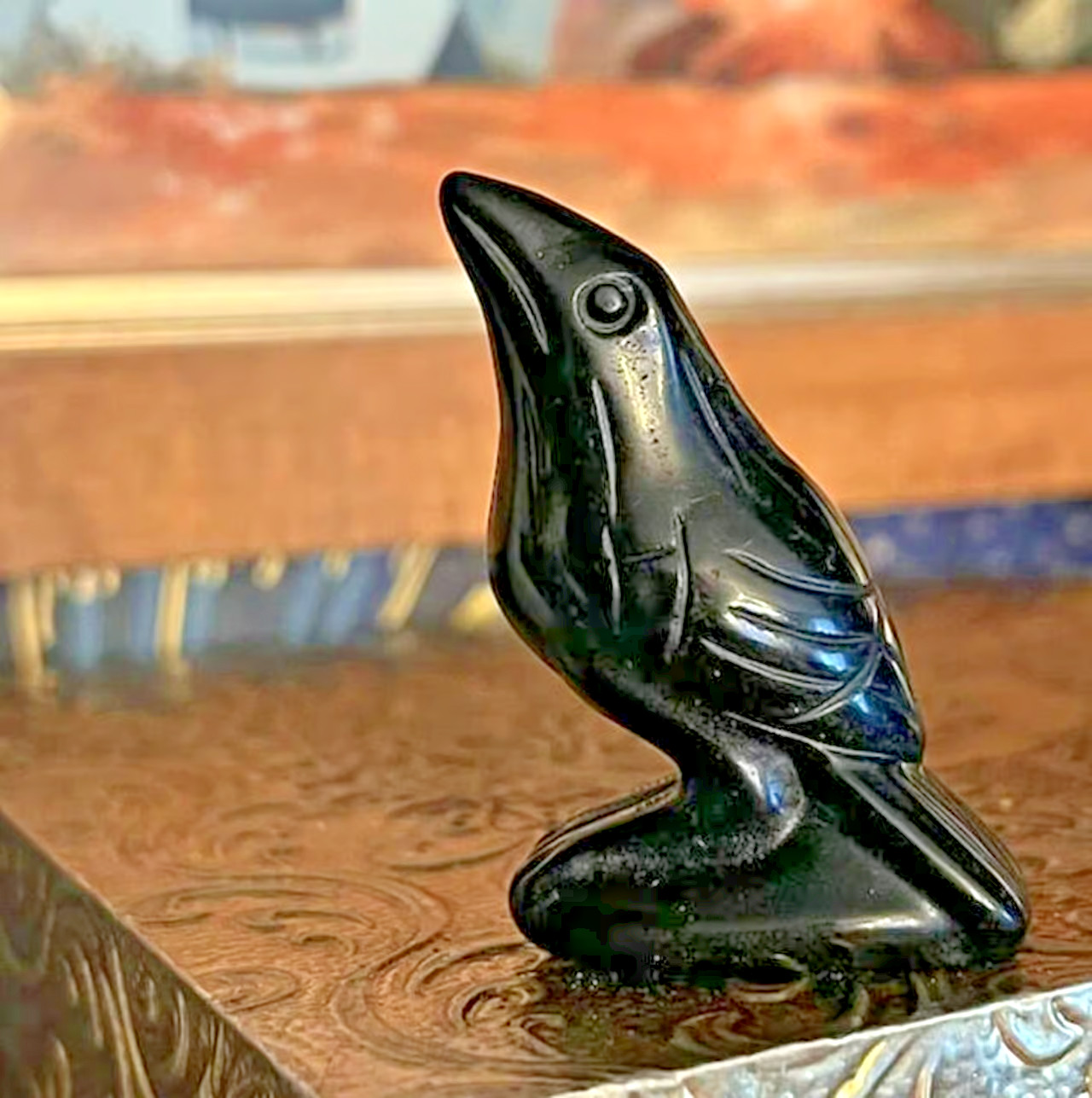 Natural Black Obsidian Raven Figurine – Hand Carved Crow Statue Gothic Bird Gift