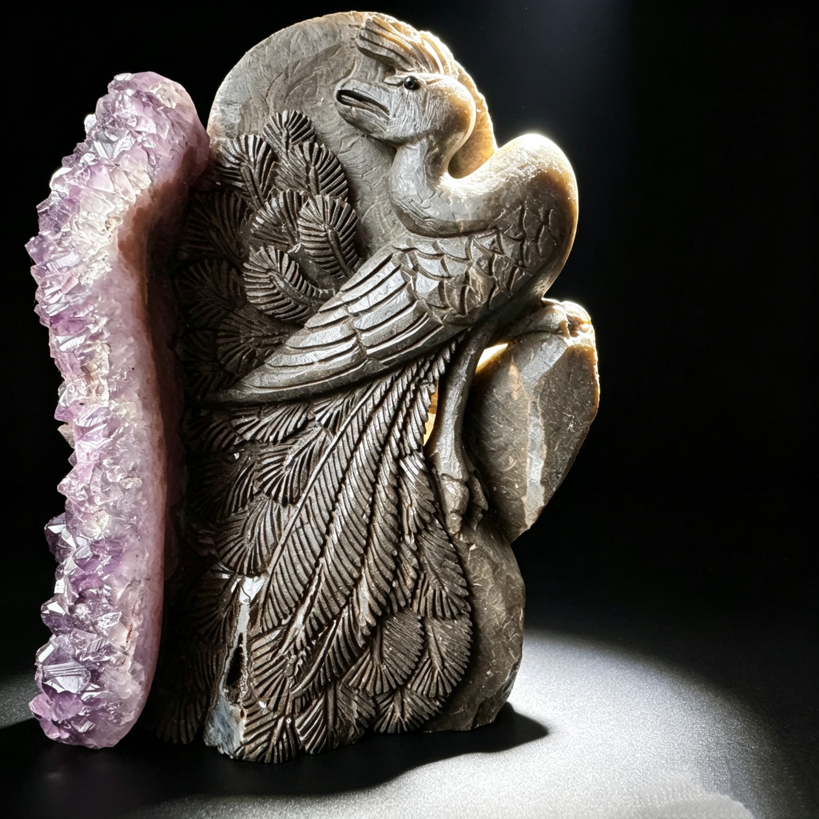 Hand Carved Natural Amethyst Cluster Peacock Sculpture | office desk luxury Gift