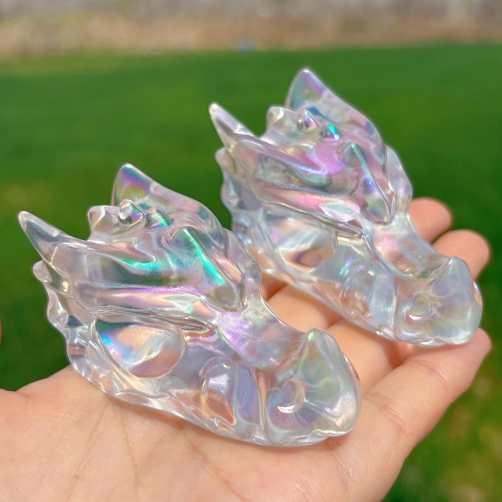 Rainbow Titanium White Melting Dragon Skull Crystal Carving Healing Decor Gift
