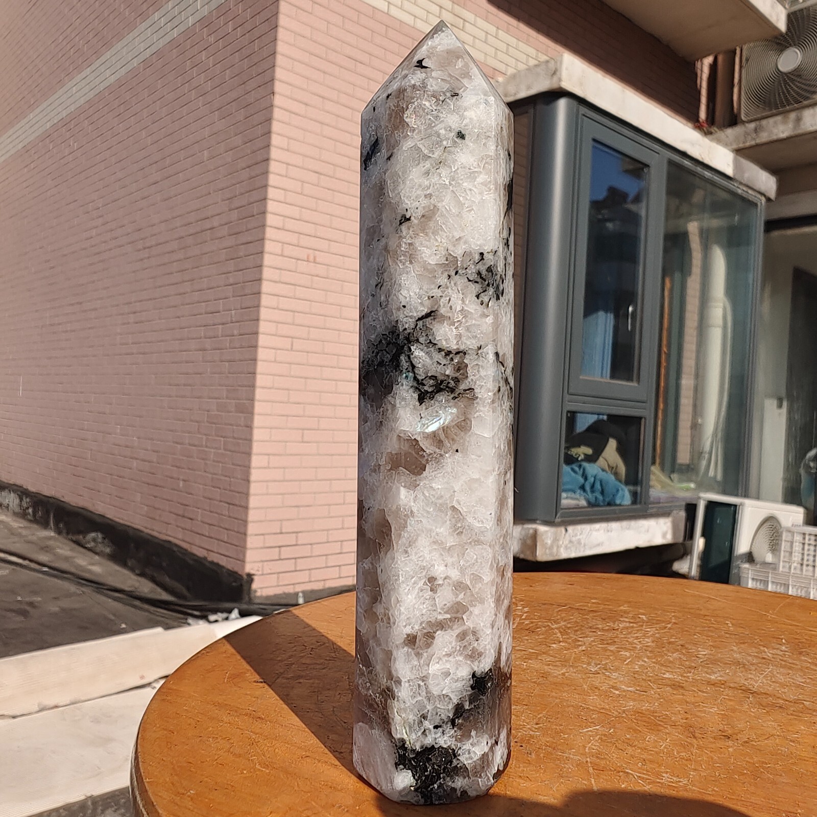 449g Large White Rainbow Moonstone Crystal Obelisk Tower Point Quartz Healing