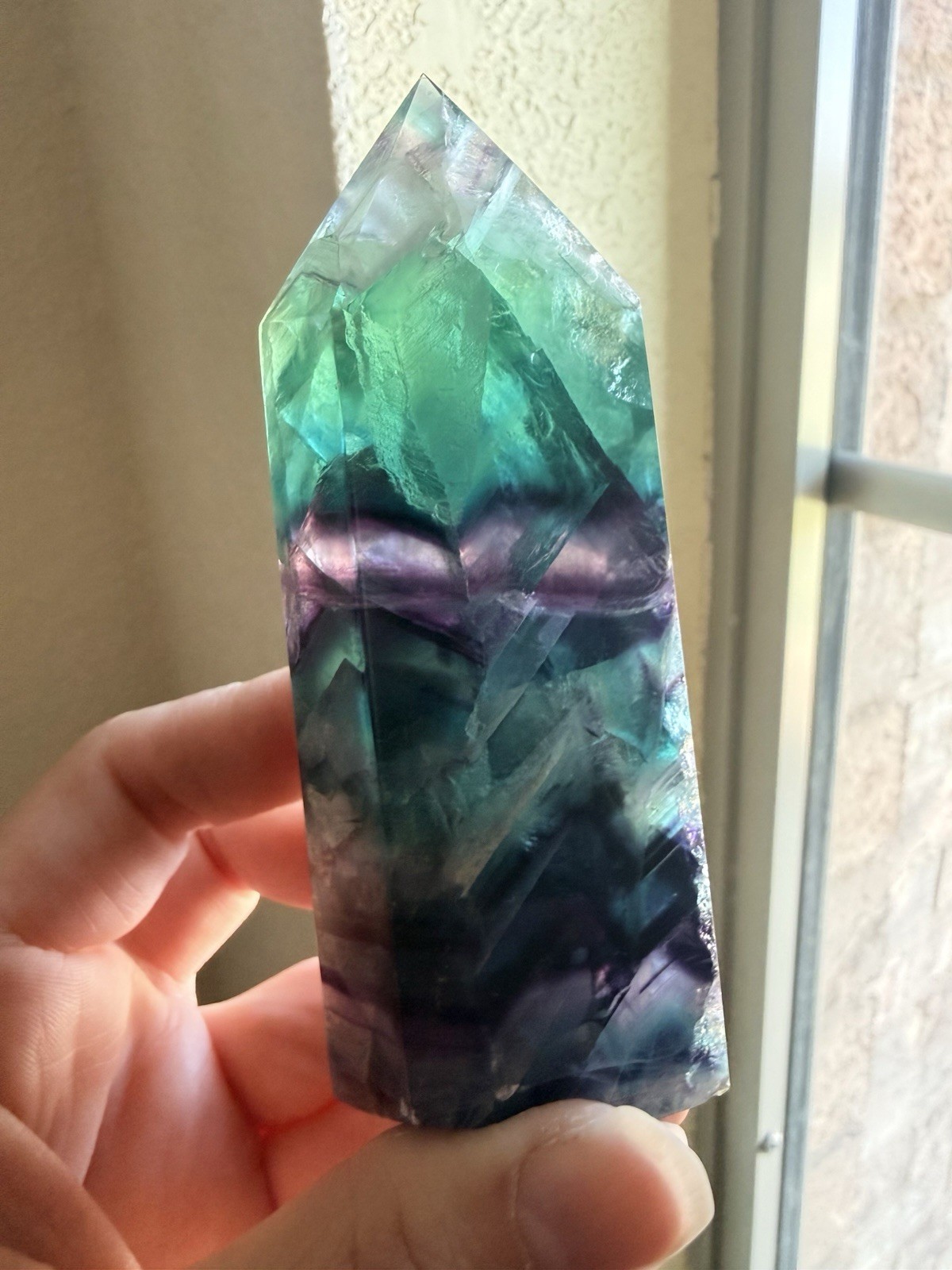 HQ Chevron Rainbow Fluorite Crystal Tower Purple Blue Green 4inch Tall Clear