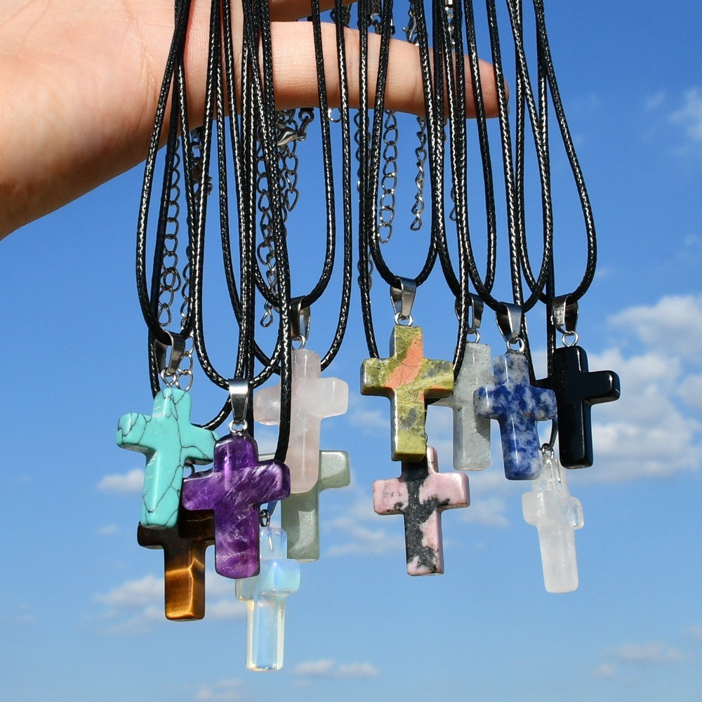 Fashion Crystal Cross Pendant Necklace Mixed Charms on Leather Rope Jewelry