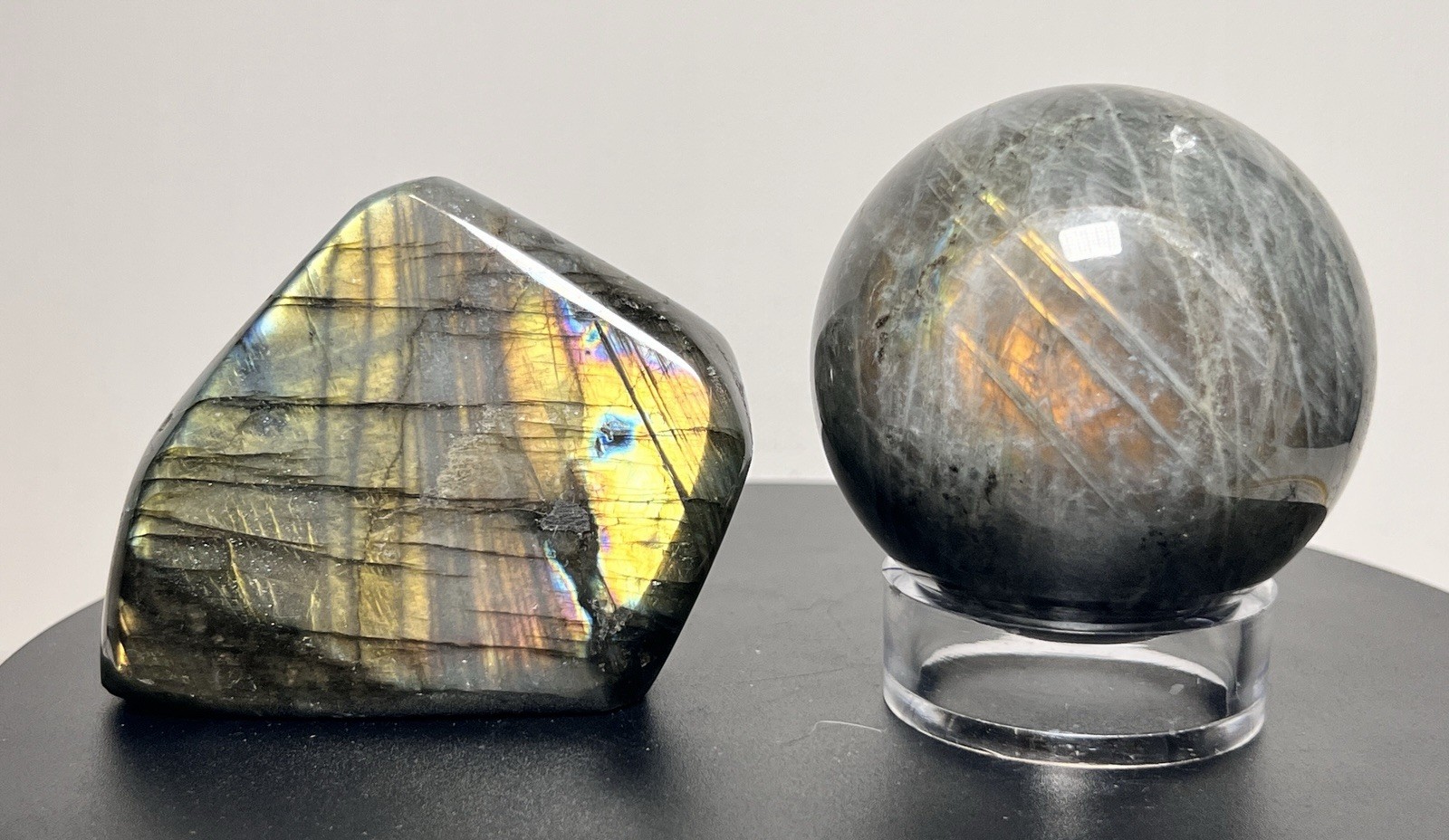 Labradorite 2 Piece Set w/Flash – Freeform & Sphere (63mm) w/holder