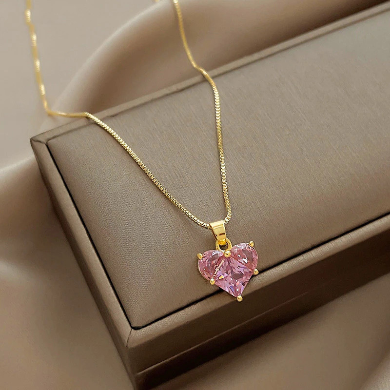 Women’s Fashion Jewelry Gold Pink Rhinestone Heart Pendant Necklace Gift 1PC