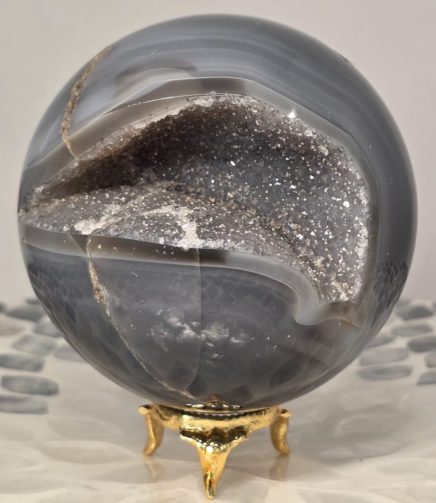 1.98LB 3.5″Natural Druzy Agate Sphere Healing Crystal Ball Home Decor Quartz Vug
