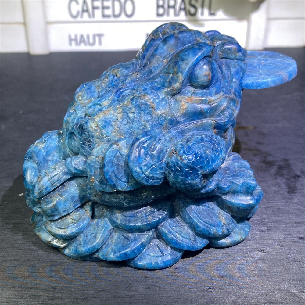 2.2LB 4″Natural A+Blue Apatite Golden Toad Statue Crystal Reiki Carving Decor